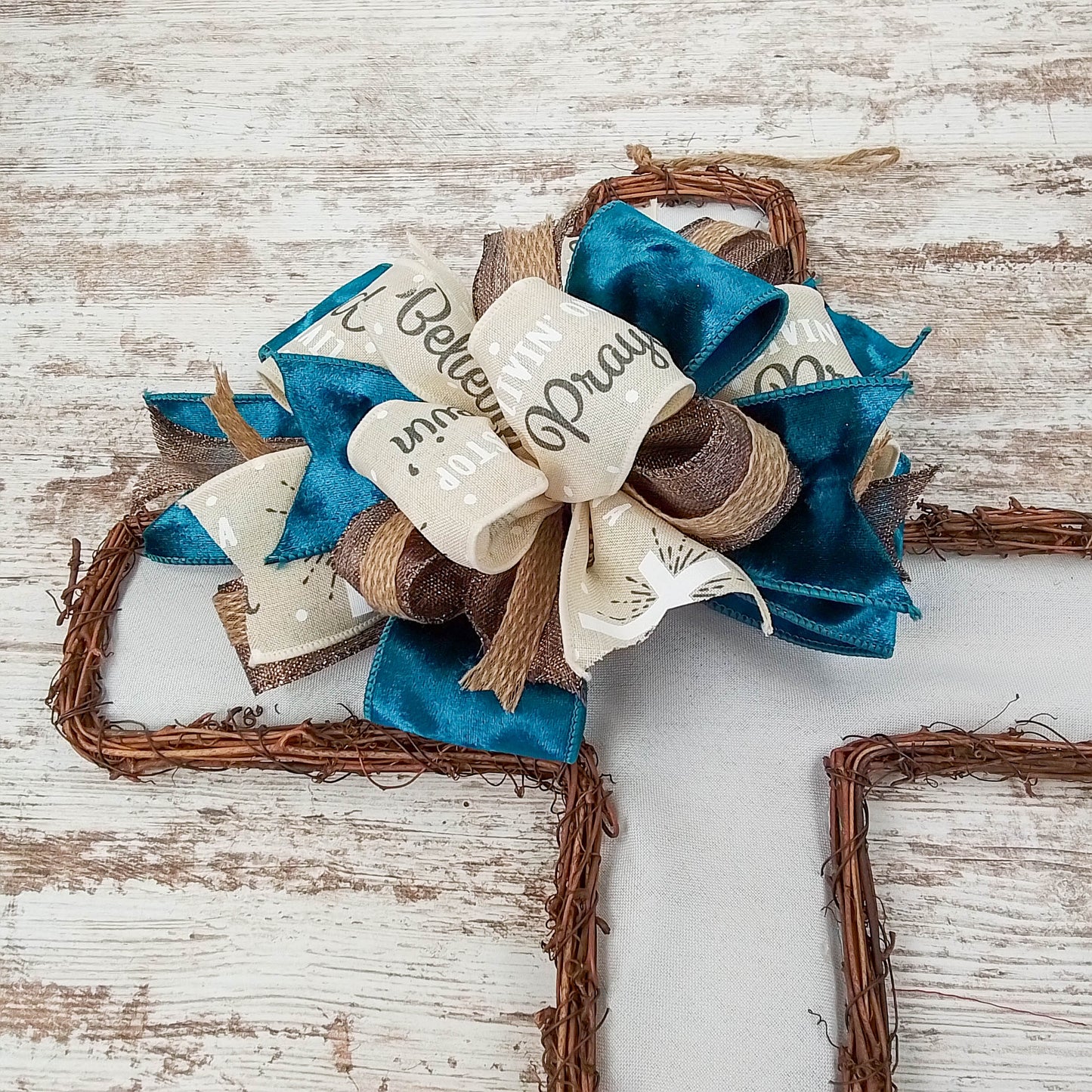 Cross Grapevine Wreath - Easter Cross Door Hanger Oversized Bow Door Decor; Cream Brown Dark Blue
