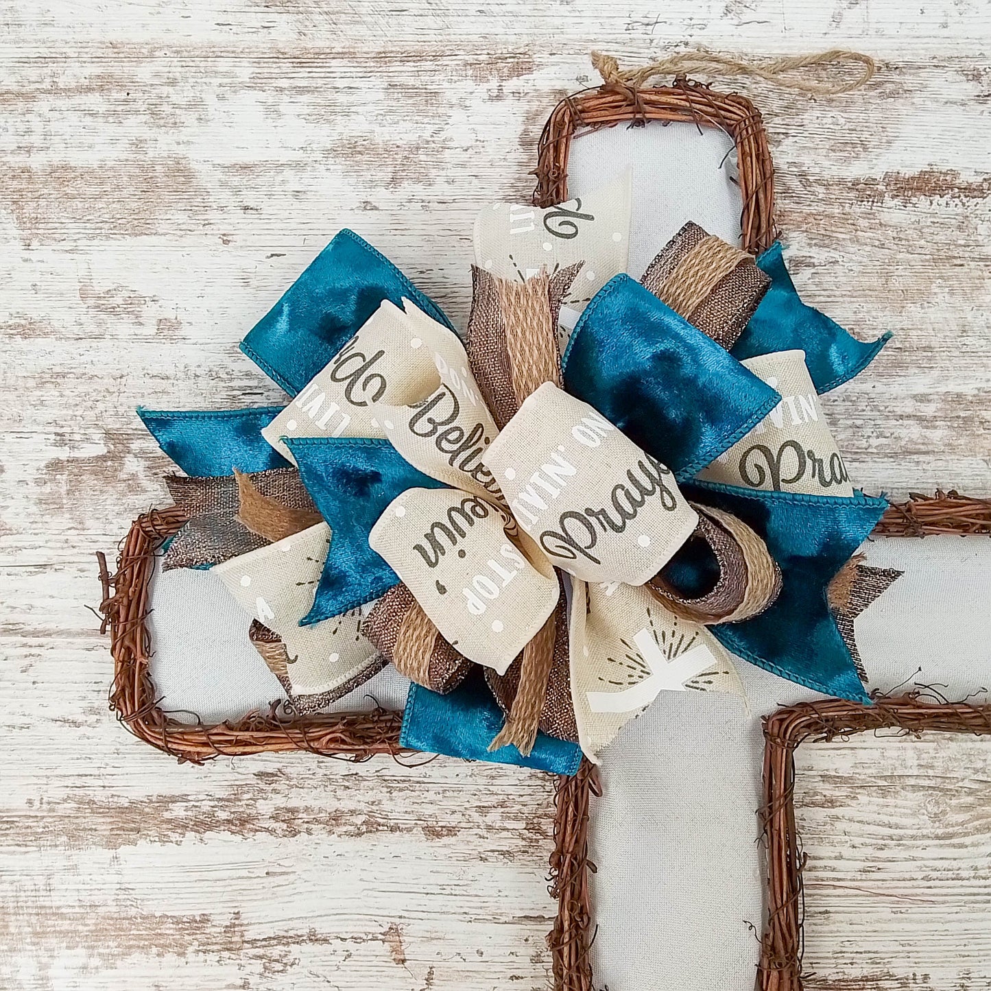 Cross Grapevine Wreath - Easter Cross Door Hanger Oversized Bow Door Decor; Cream Brown Dark Blue