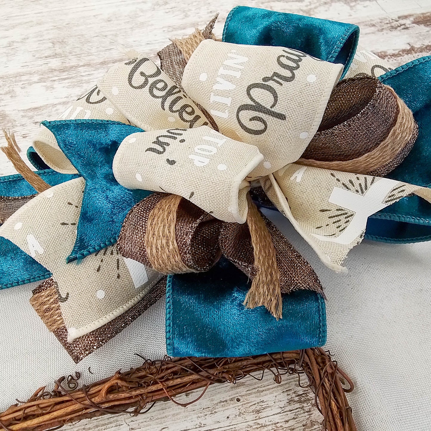 Cross Grapevine Wreath - Easter Cross Door Hanger Oversized Bow Door Decor; Cream Brown Dark Blue