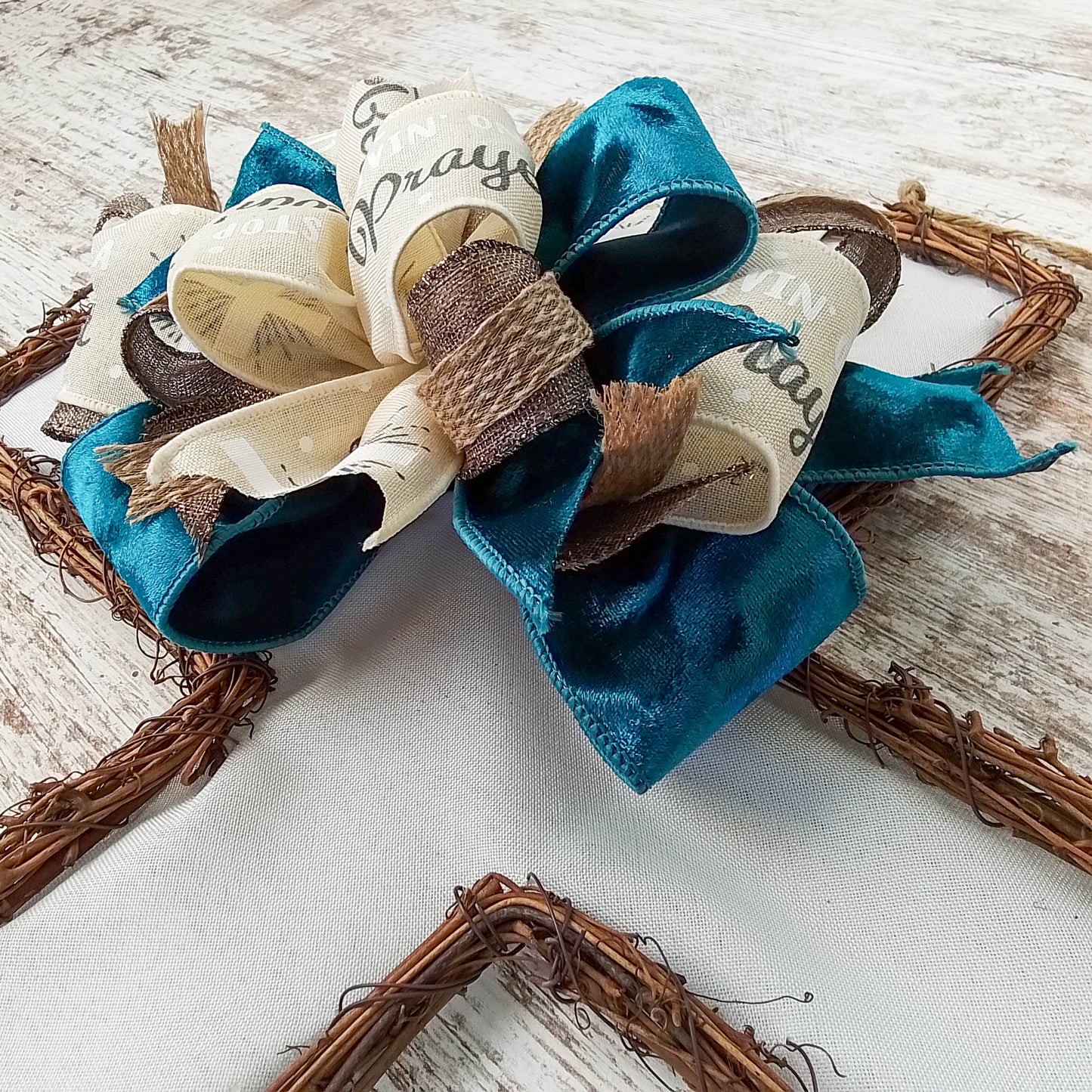 Cross Grapevine Wreath - Easter Cross Door Hanger Oversized Bow Door Decor; Cream Brown Dark Blue