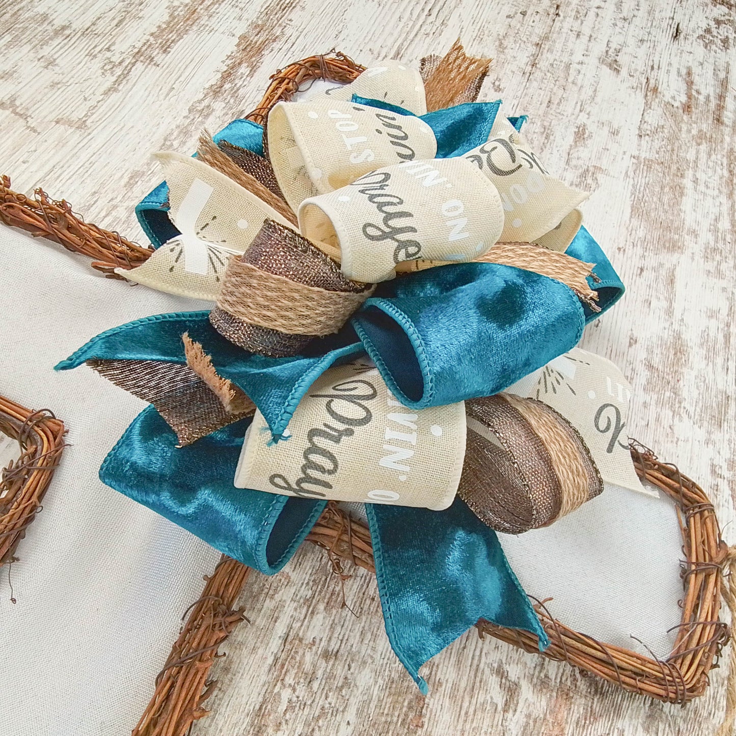 Cross Grapevine Wreath - Easter Cross Door Hanger Oversized Bow Door Decor; Cream Brown Dark Blue