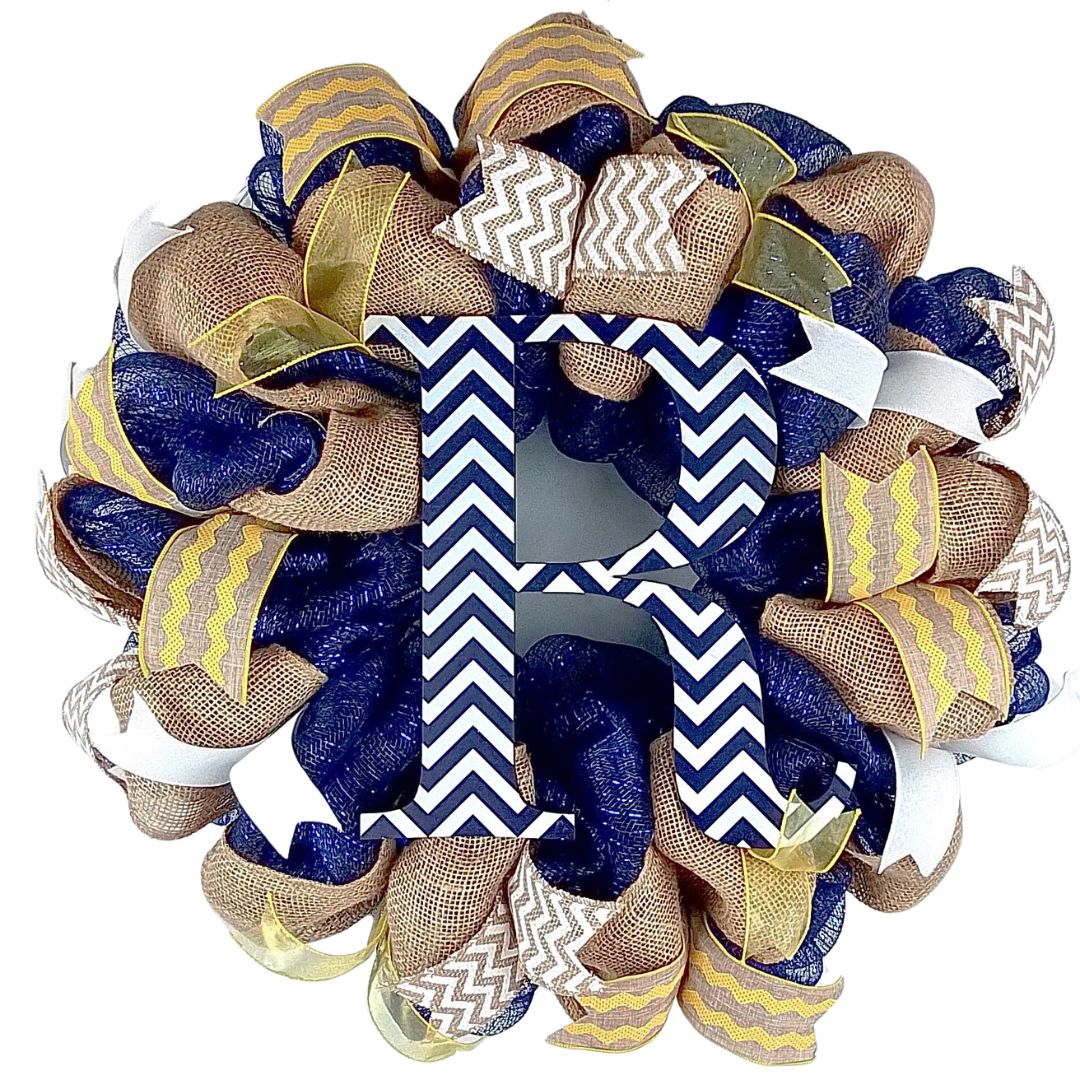 Burlap Monogram Mesh Door Wreath | Navy Blue, Yellow, White