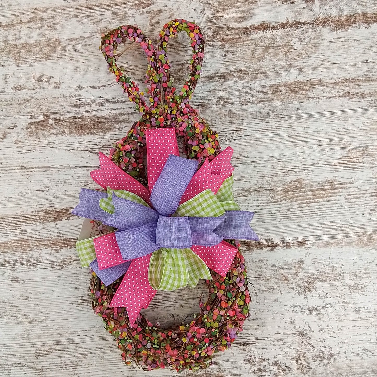 Spring Easter Bunny Grapevine Wreath - Confetti Bunny Door Hanger Bow Gingham Door Decor; Pink Purple Green