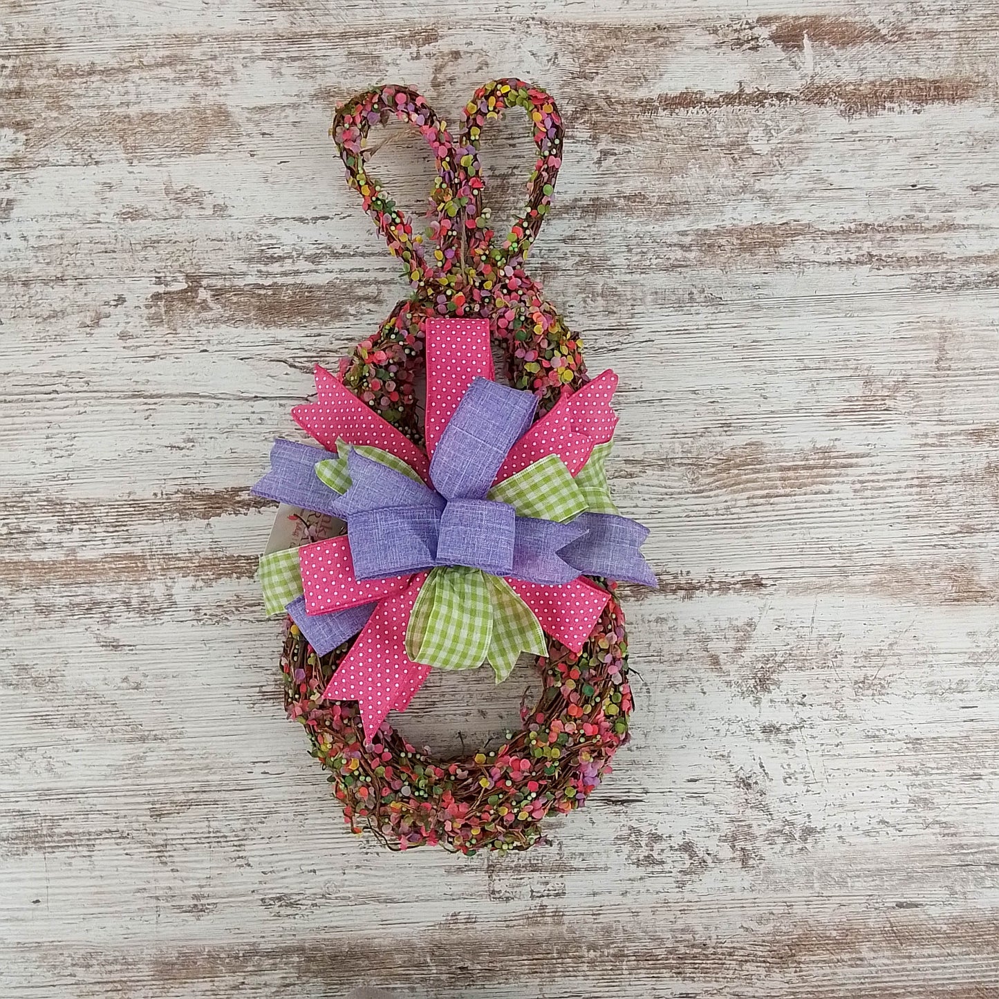Spring Easter Bunny Grapevine Wreath - Confetti Bunny Door Hanger Bow Gingham Door Decor; Pink Purple Green