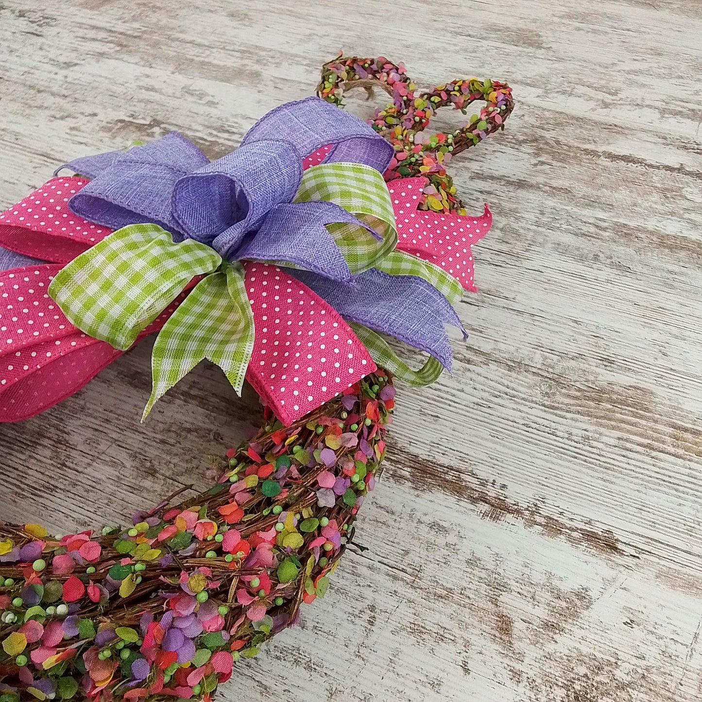 Spring Easter Bunny Grapevine Wreath - Confetti Bunny Door Hanger Bow Gingham Door Decor; Pink Purple Green