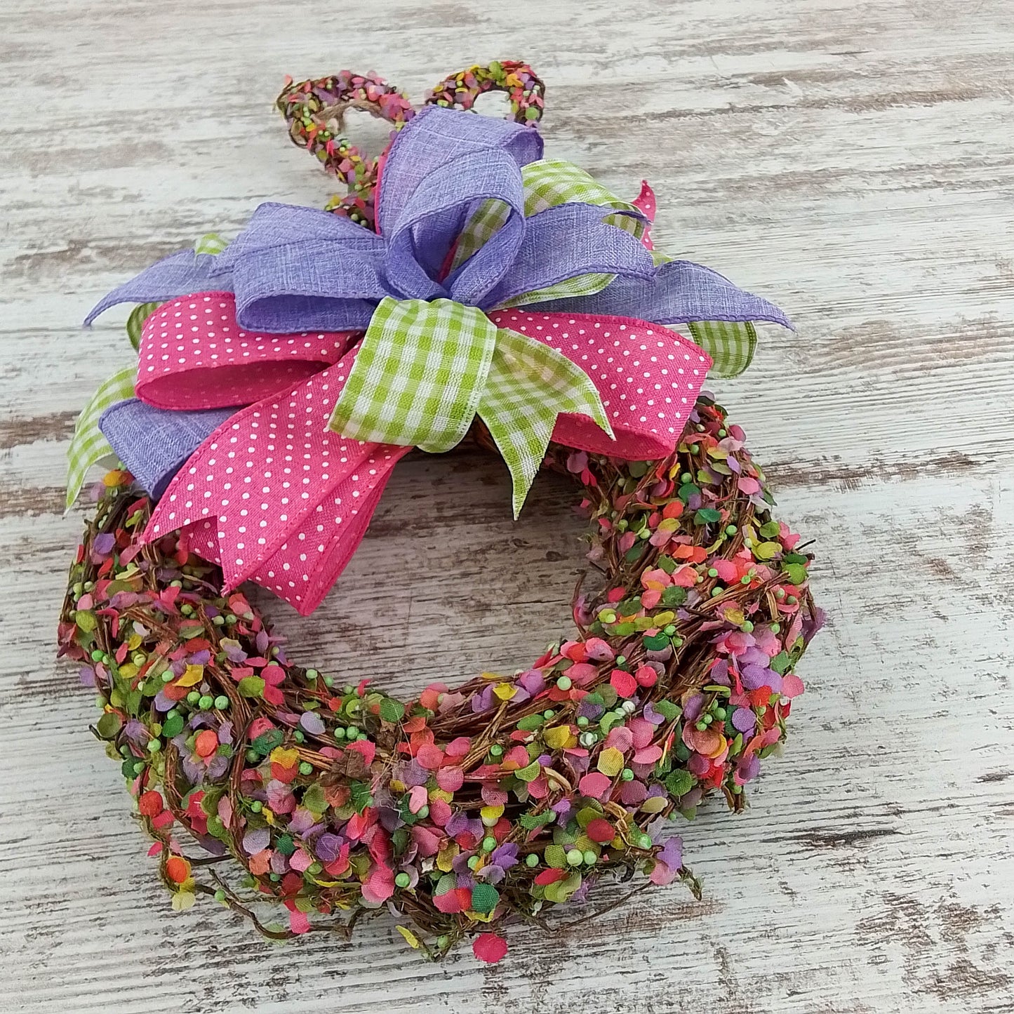 Spring Easter Bunny Grapevine Wreath - Confetti Bunny Door Hanger Bow Gingham Door Decor; Pink Purple Green