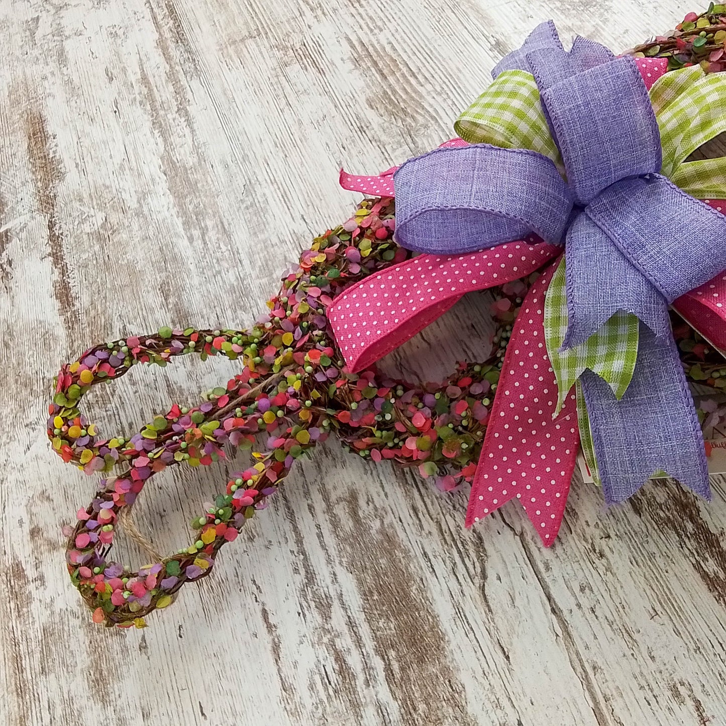 Spring Easter Bunny Grapevine Wreath - Confetti Bunny Door Hanger Bow Gingham Door Decor; Pink Purple Green