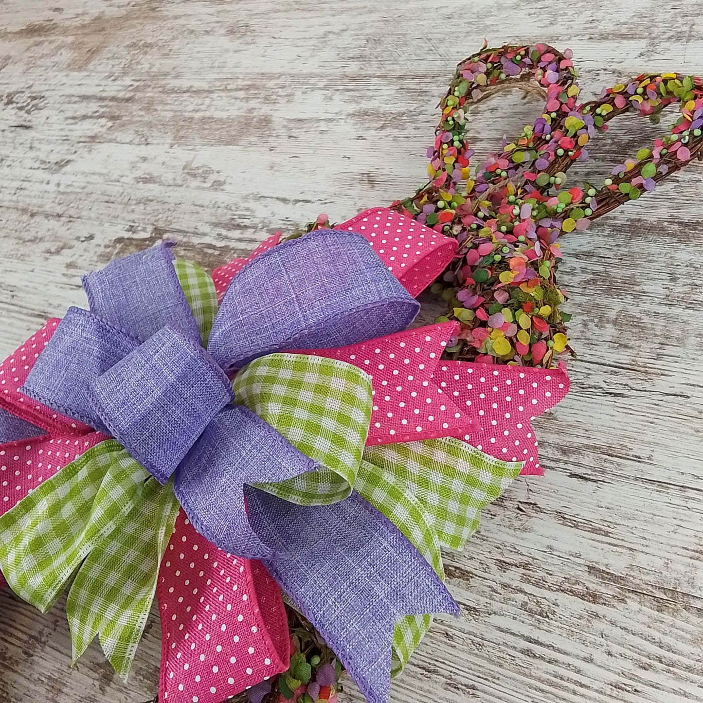 Spring Easter Bunny Grapevine Wreath - Confetti Bunny Door Hanger Bow Gingham Door Decor; Pink Purple Green