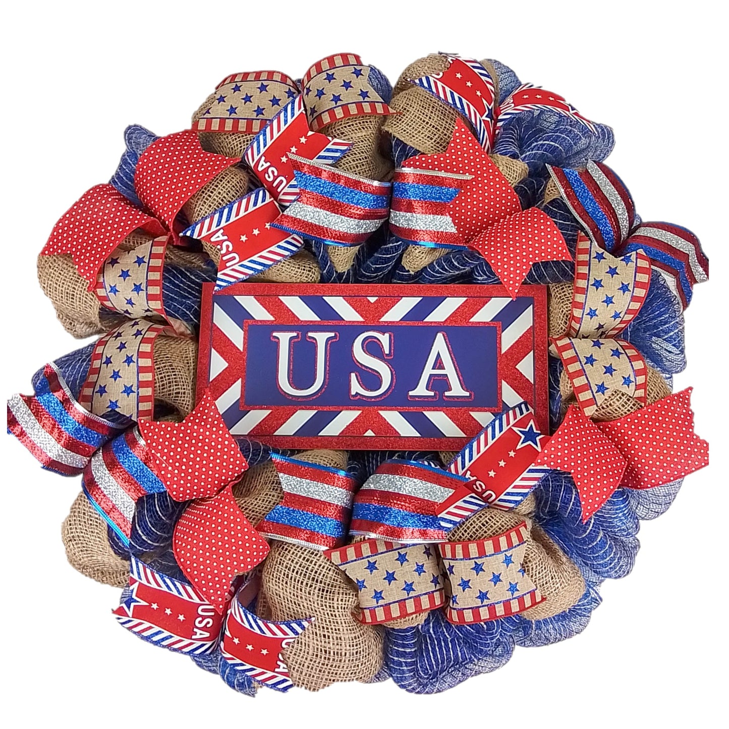 Burlap USA Fourth of July Wreath - Rustic Blue