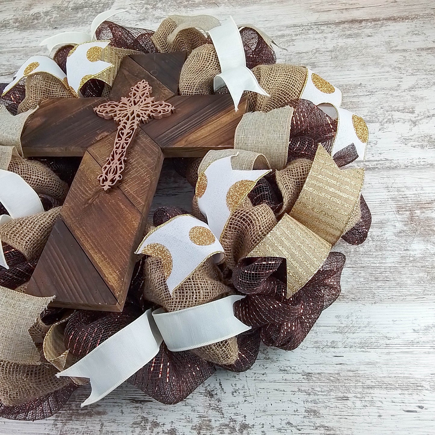 Elegant Burlap & Deco Mesh Cross Wreath – Rustic Christian Door Décor