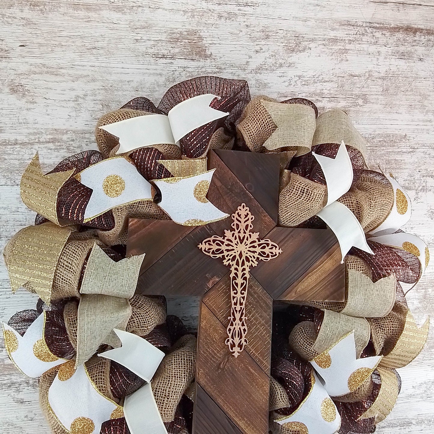 Elegant Burlap & Deco Mesh Cross Wreath – Rustic Christian Door Décor