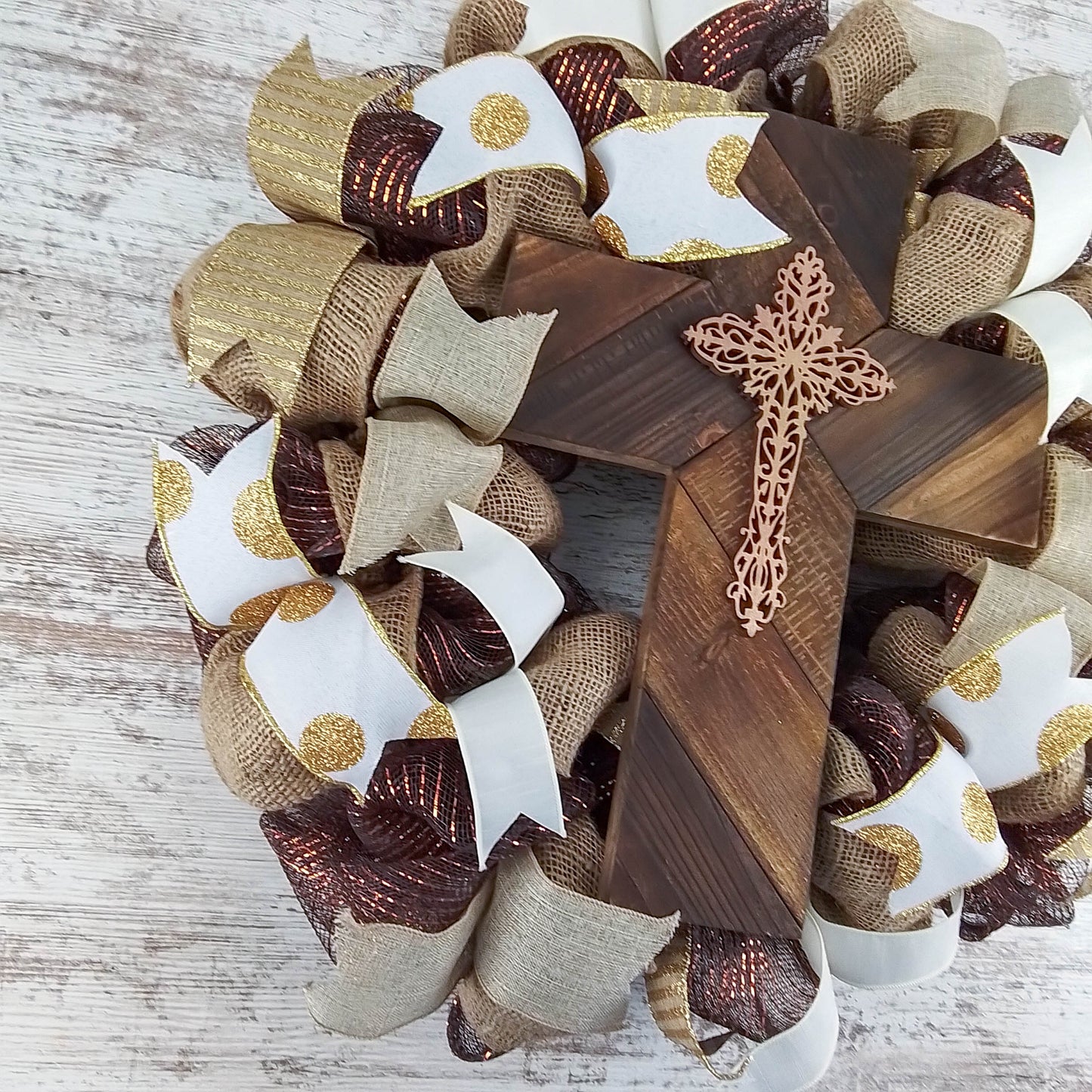 Elegant Burlap & Deco Mesh Cross Wreath – Rustic Christian Door Décor