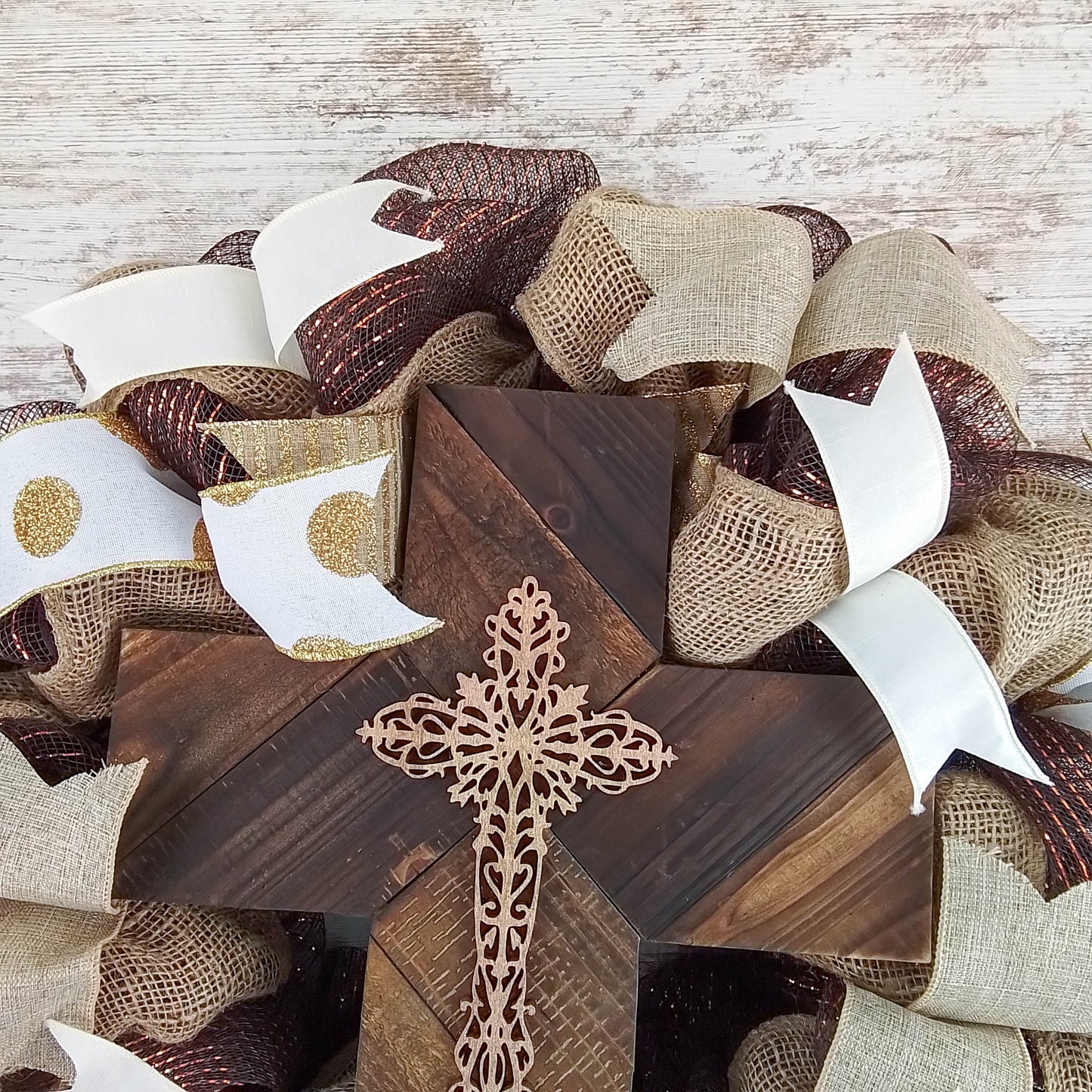 Elegant Burlap & Deco Mesh Cross Wreath – Rustic Christian Door Décor