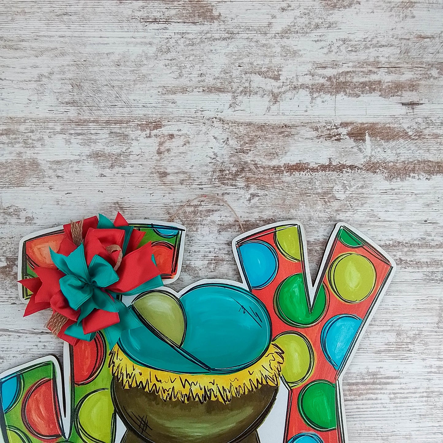 Nativity Door Hanger, JOY Manger Scene Decor, Festive Polka Dot Design