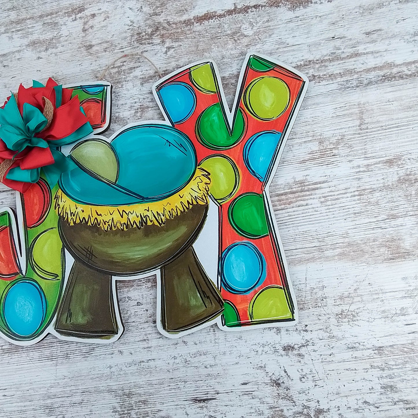 Nativity Door Hanger, JOY Manger Scene Decor, Festive Polka Dot Design