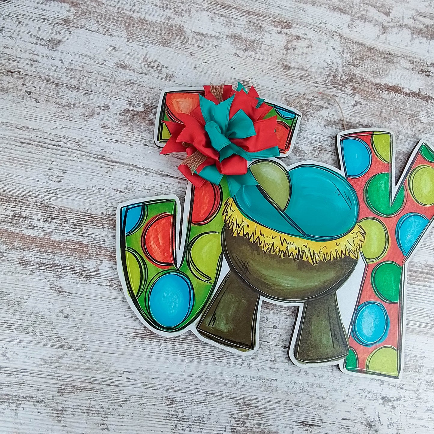 Nativity Door Hanger, JOY Manger Scene Decor, Festive Polka Dot Design