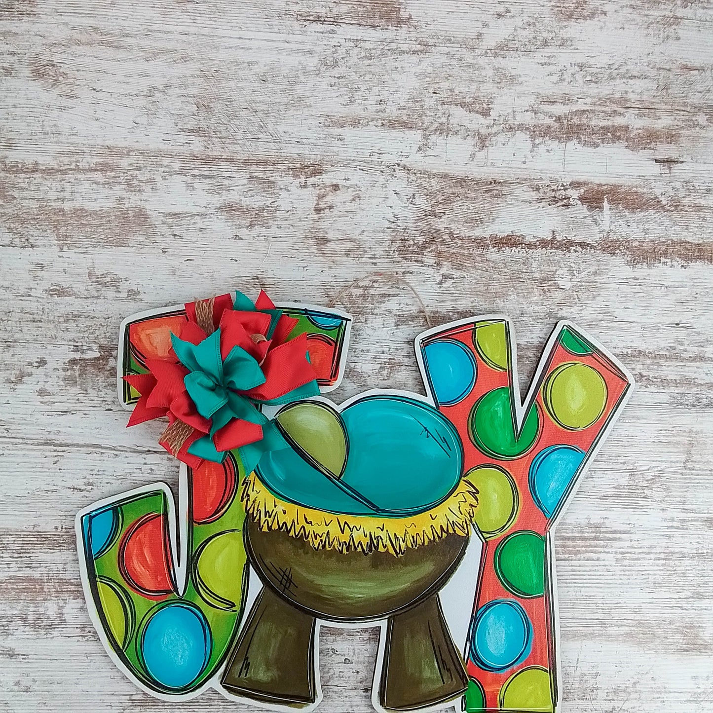 Nativity Door Hanger, JOY Manger Scene Decor, Festive Polka Dot Design