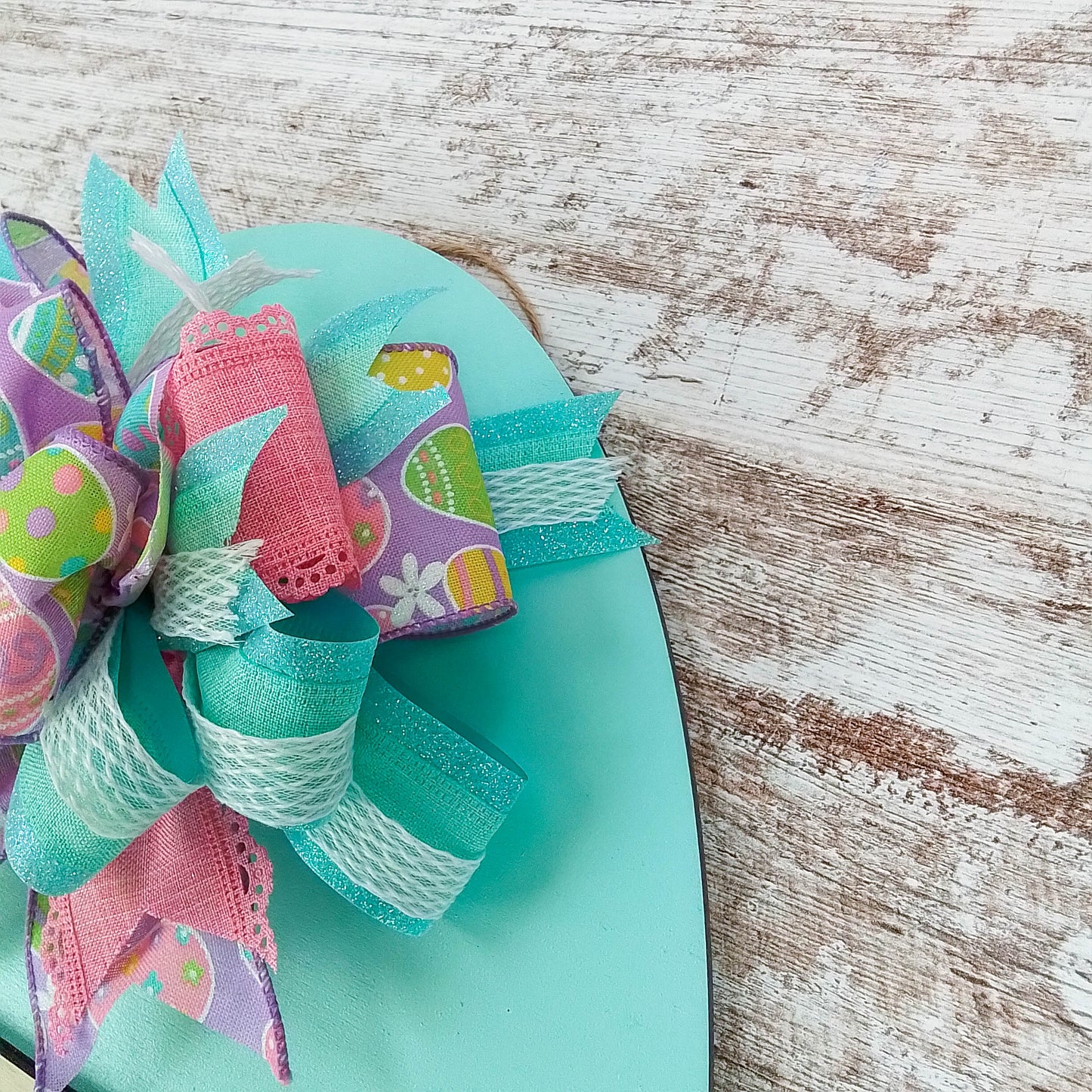 Easter Egg Cane Weave Decor - Wooden Monogram Front Door Hanger - Screen Door Thin with Big Bow