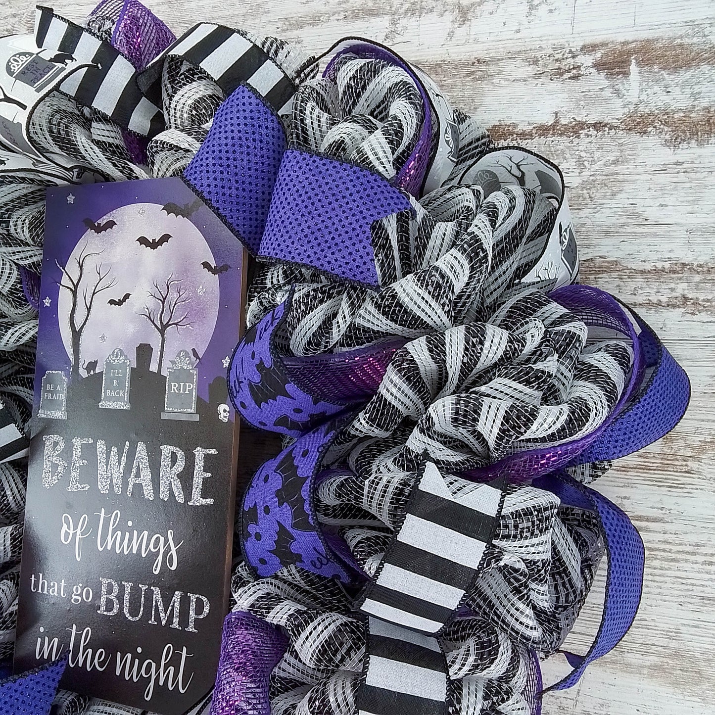 Beware of Things that go Bump in the Night Halloween Wreath, Seasonal Home Decor, Festive Party Accent Purple Black White