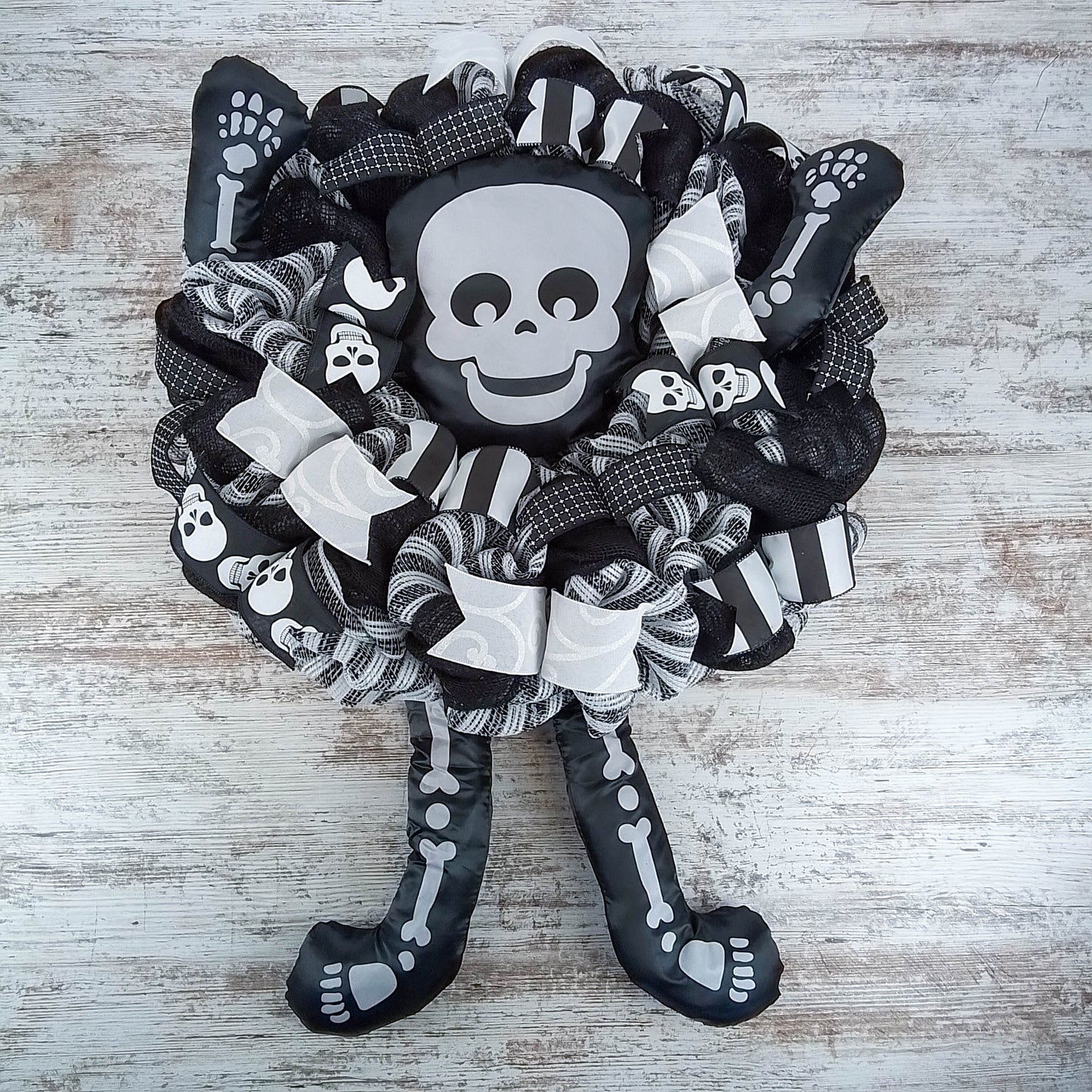 Halloween Skull Door Wreath, Skeleton, Black White Spooky Decor