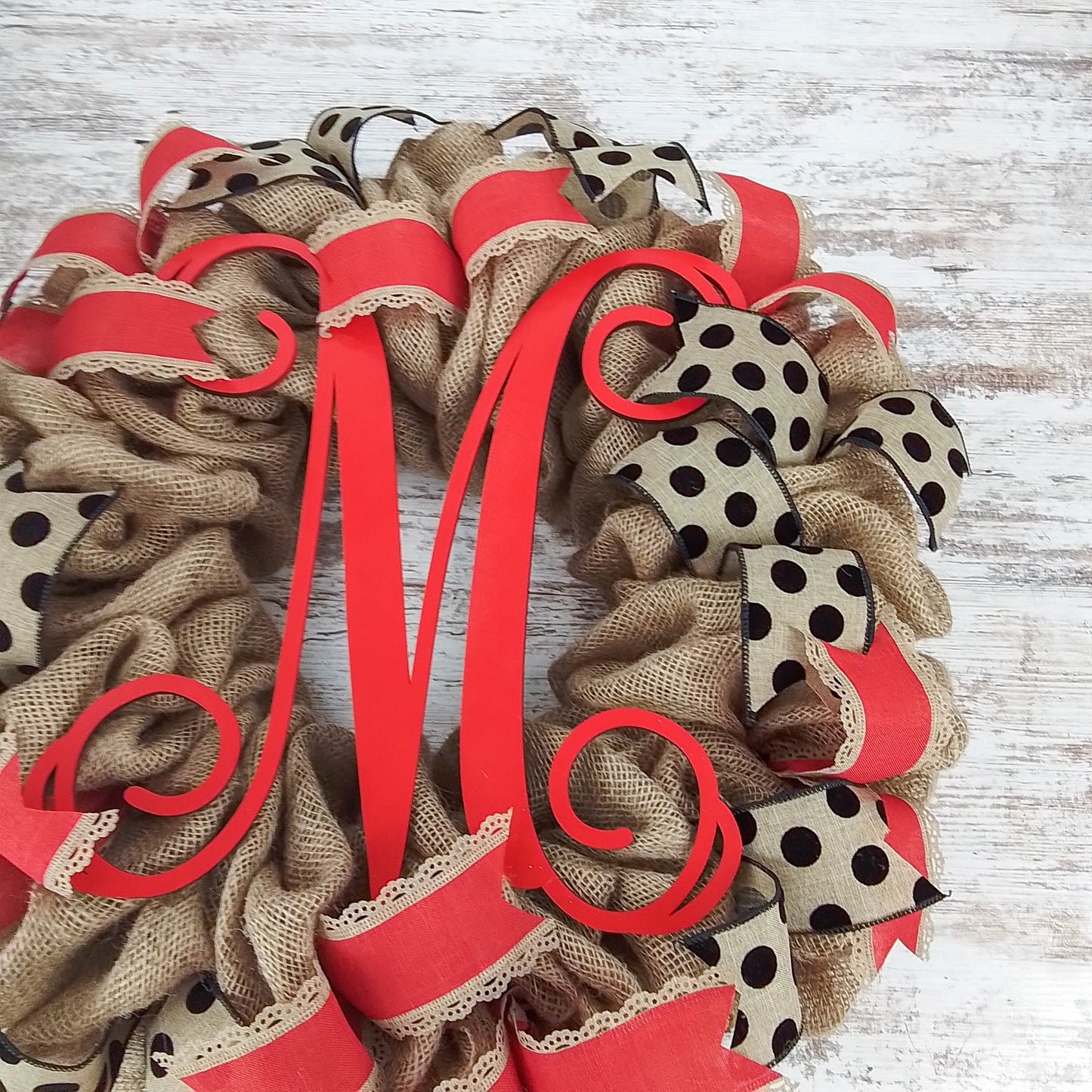 Burlap Wreath, Red Ribbon Door Decor, Custom Letter Accent