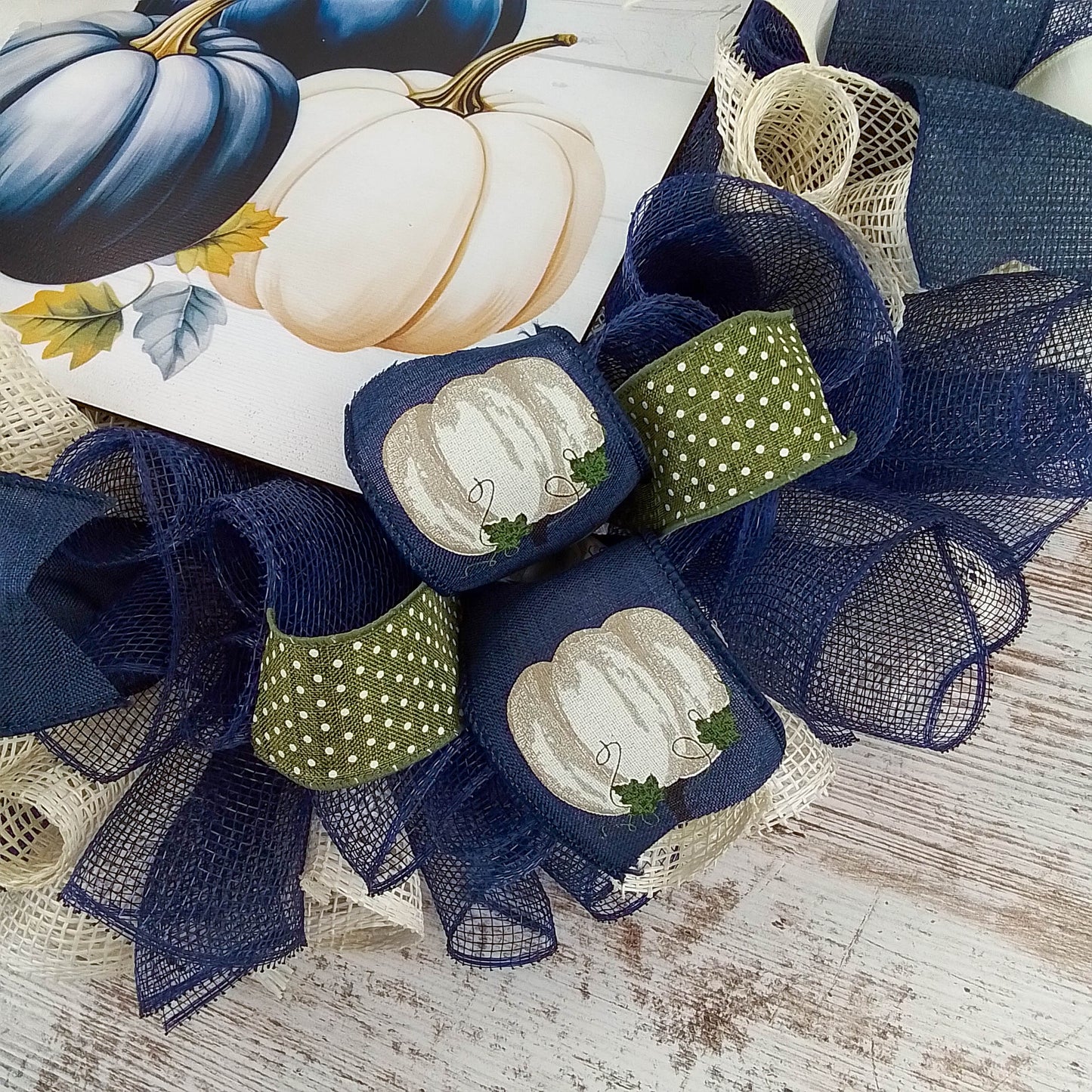Fall Decorative Wreath, Navy Blue Pumpkin Design, Perfect for Seasonal Decoration