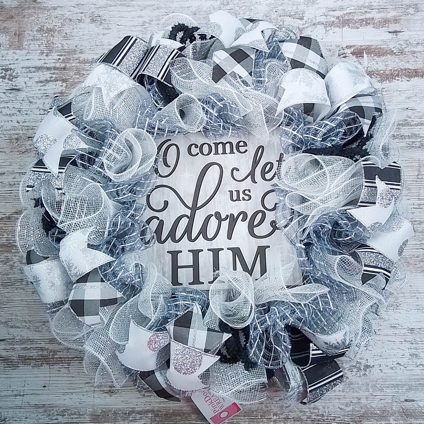 O Come Let Us Adore Him Wreath - Christmas Church Christian Religious Front Door Wreath - Black White Grey Silver