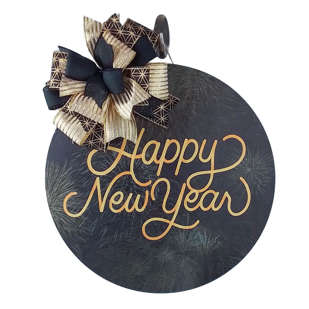 Happy New Year Door Hanger, Birch Wood Festive Decor, Black and Gold Ribbon Design