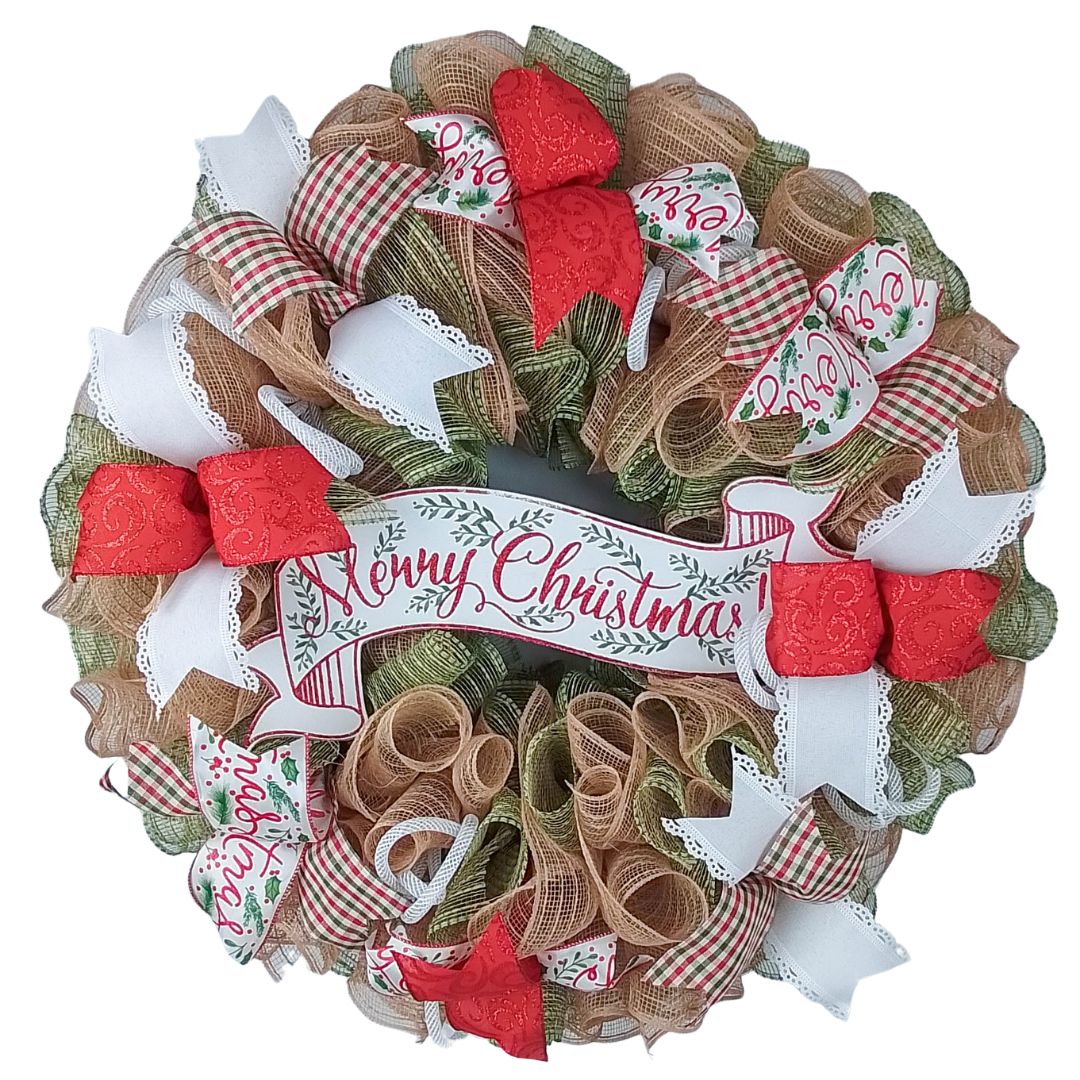 Merry Christmas Wreaths - Farmhouse Wreath Ideas for Christmas - Xmas Rustic Jute Door Decoration - Red Green Burlap Beige White