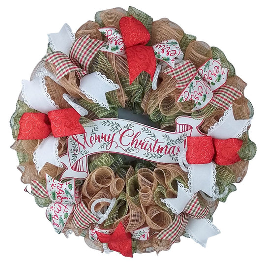 Merry Christmas Wreaths - Farmhouse Wreath Ideas for Christmas - Xmas Rustic Jute Door Decoration - Red Green Burlap Beige White