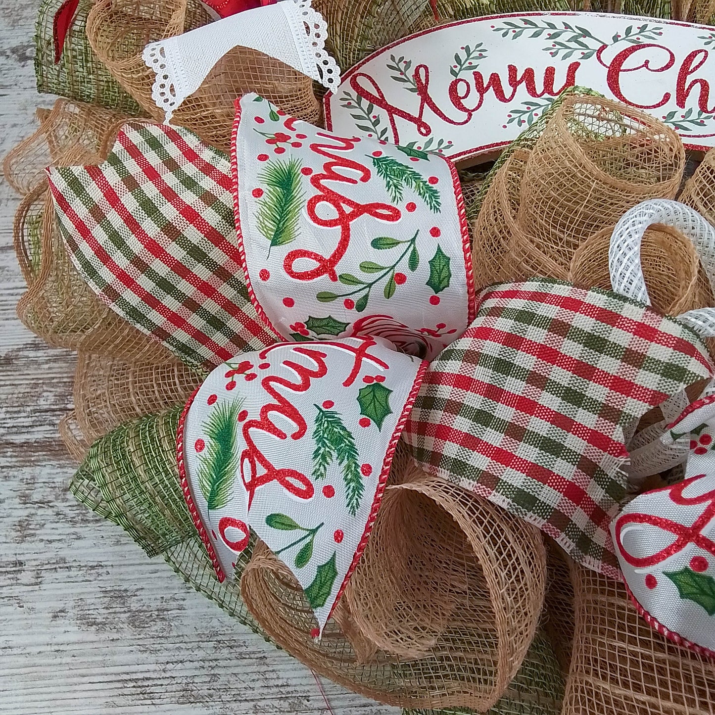 Merry Christmas Wreaths - Farmhouse Wreath Ideas for Christmas - Xmas Rustic Jute Door Decoration - Red Green Burlap Beige White