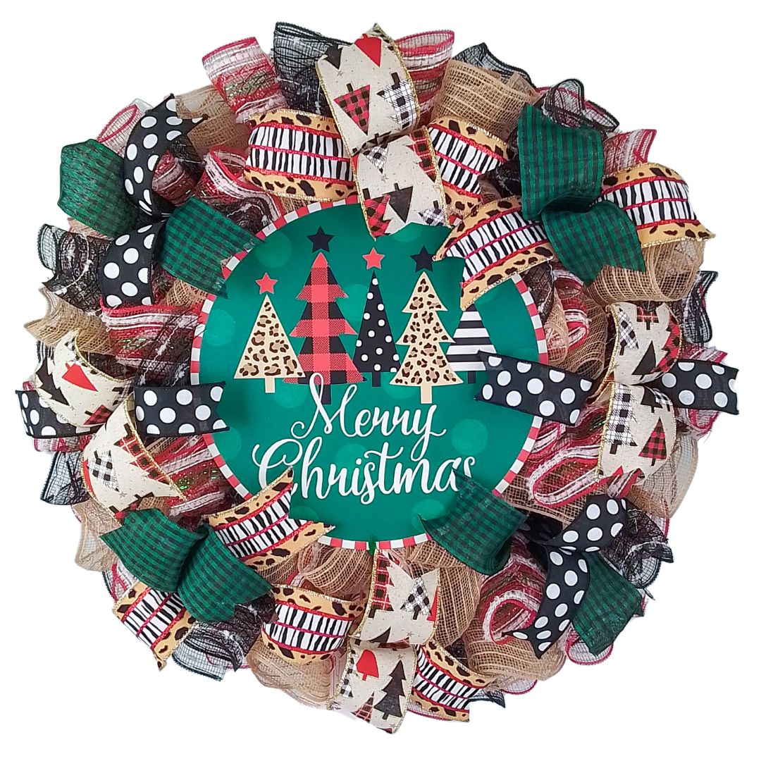 Row of Trees Christmas Wreath - Merry Christmas Front Door Wreaths - Outdoor Decor - Black Red Brown Green