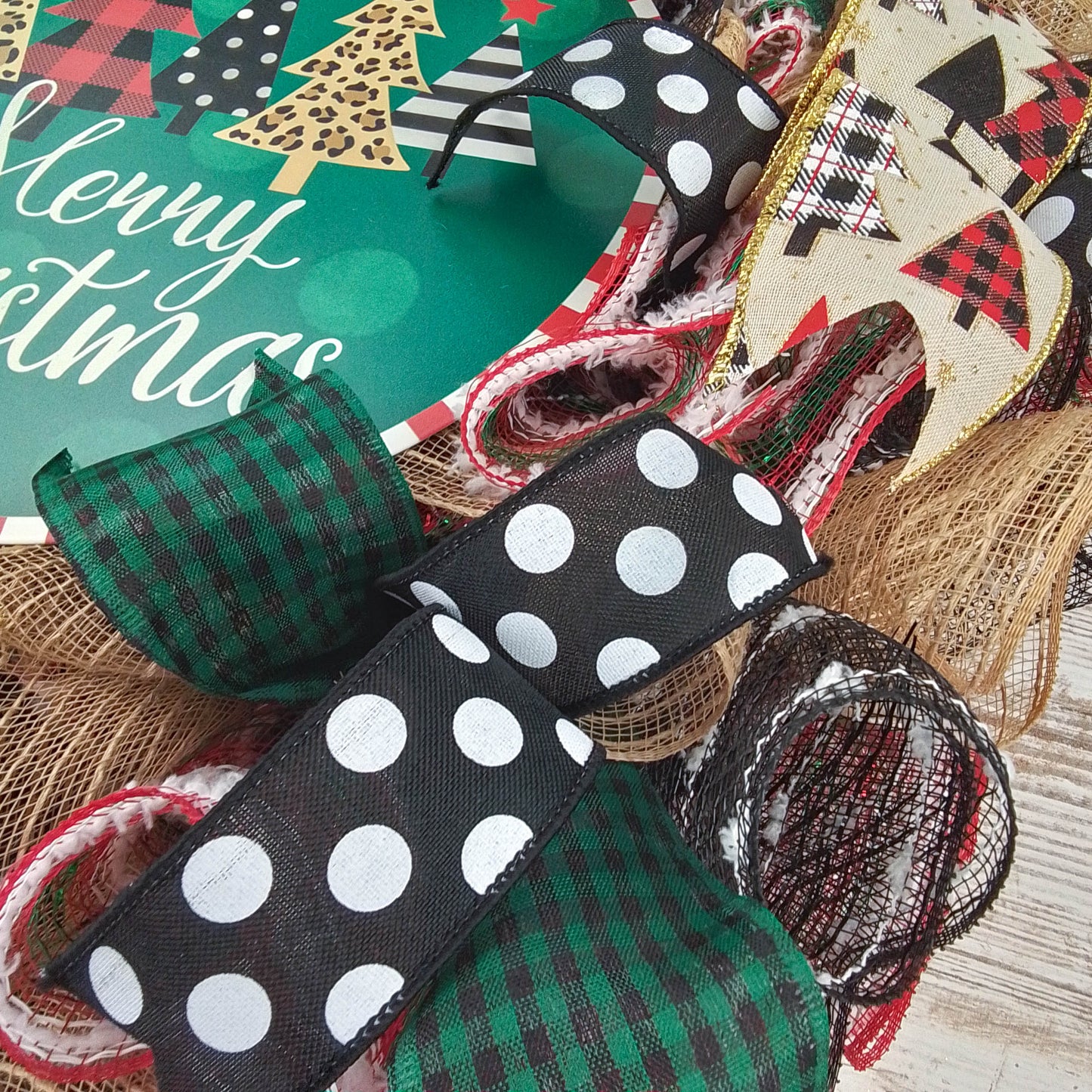 Row of Trees Christmas Wreath - Merry Christmas Front Door Wreaths - Outdoor Decor - Black Red Brown Green