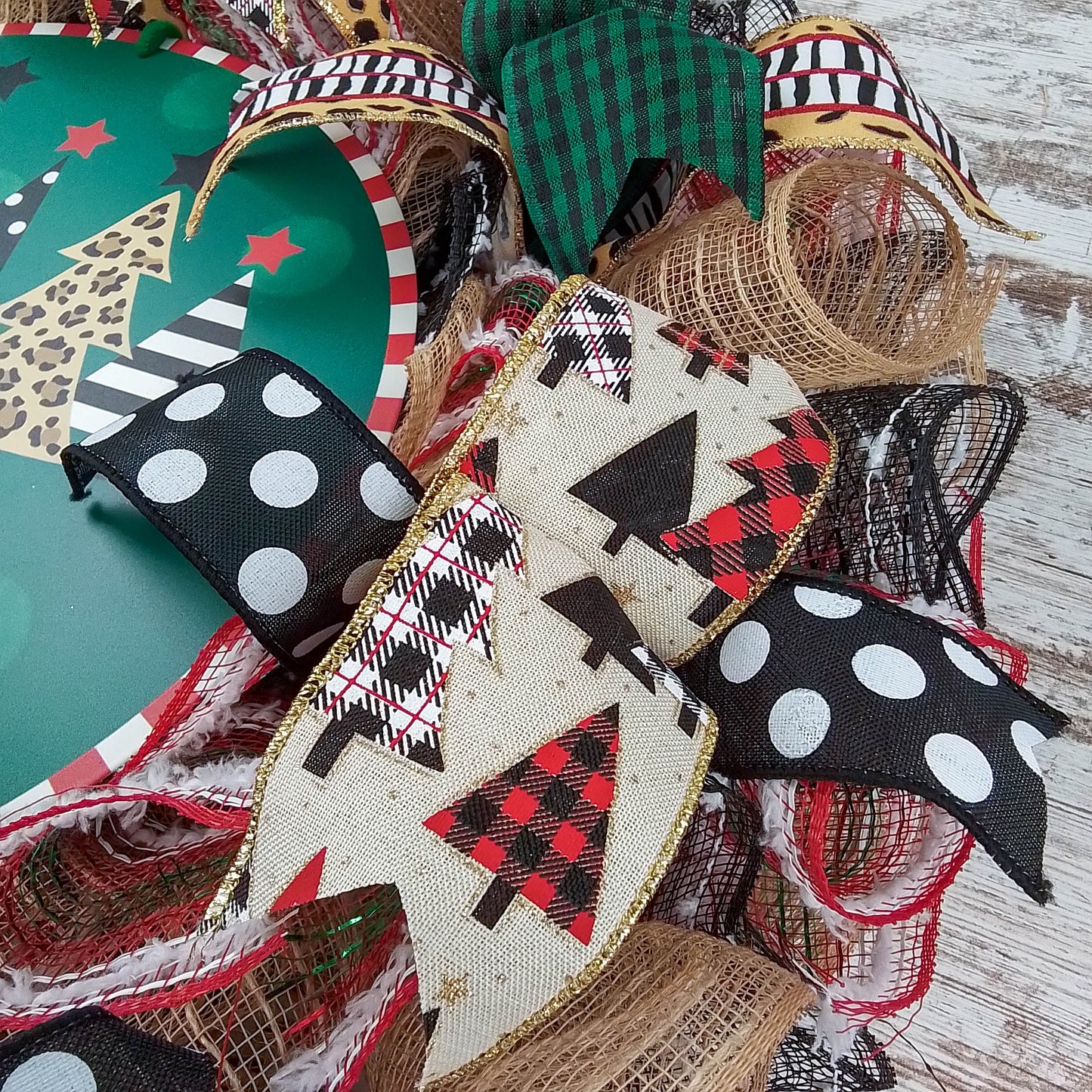 Row of Trees Christmas Wreath - Merry Christmas Front Door Wreaths - Outdoor Decor - Black Red Brown Green