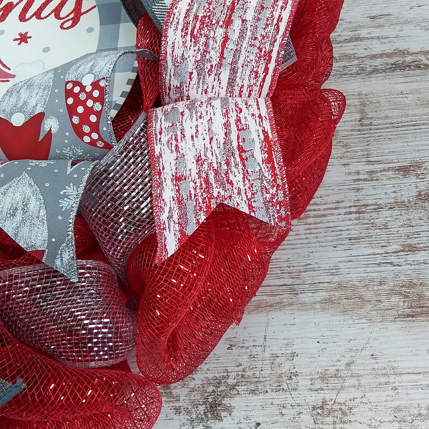 Grey Gnome Christmas Buffalo Plaid Check Wreath - Holiday Wreath Front Door Decor - White Red