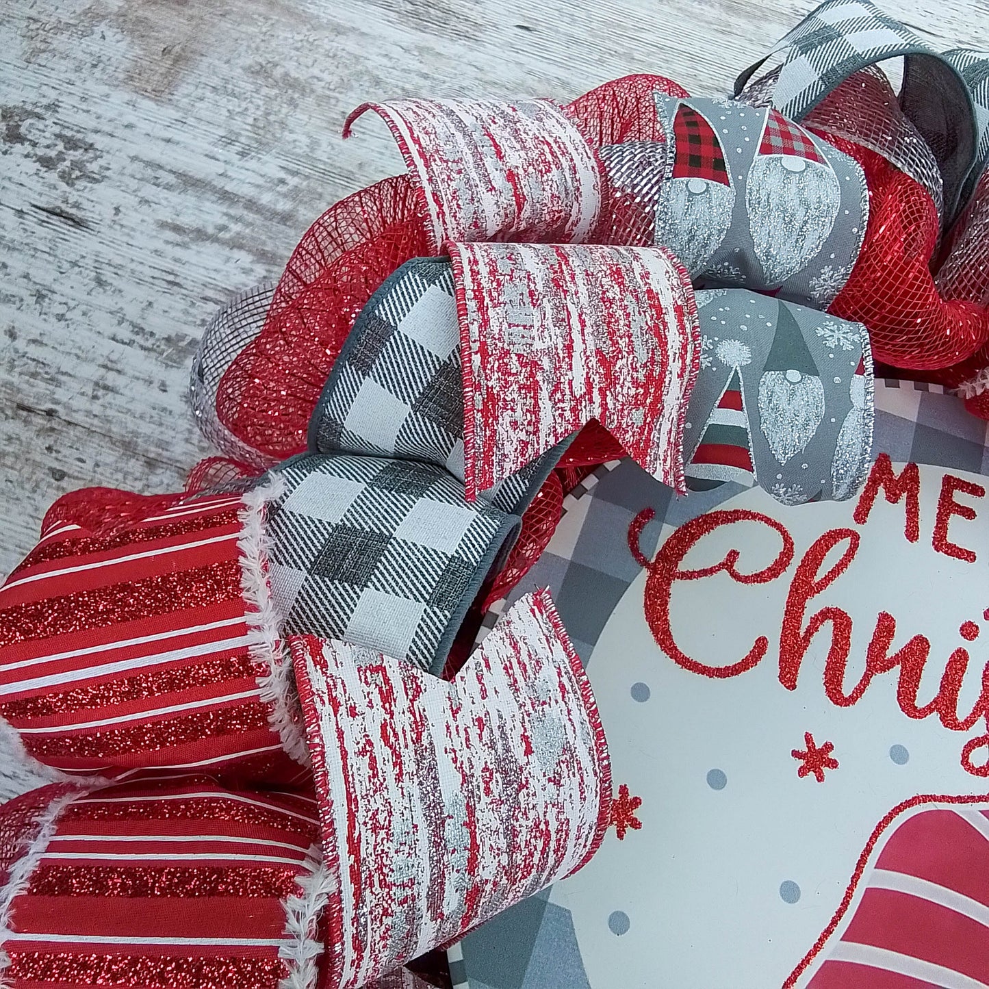 Grey Gnome Christmas Buffalo Plaid Check Wreath - Holiday Wreath Front Door Decor - White Red