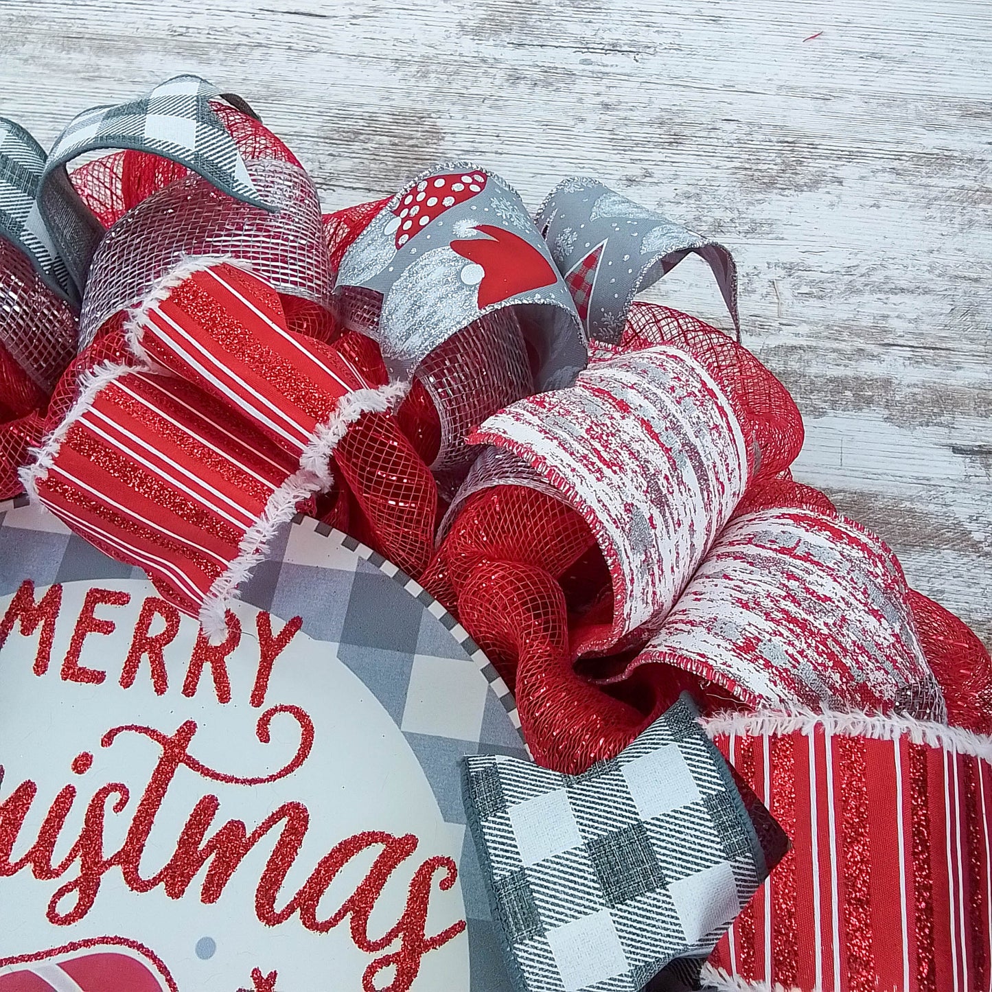 Grey Gnome Christmas Buffalo Plaid Check Wreath - Holiday Wreath Front Door Decor - White Red