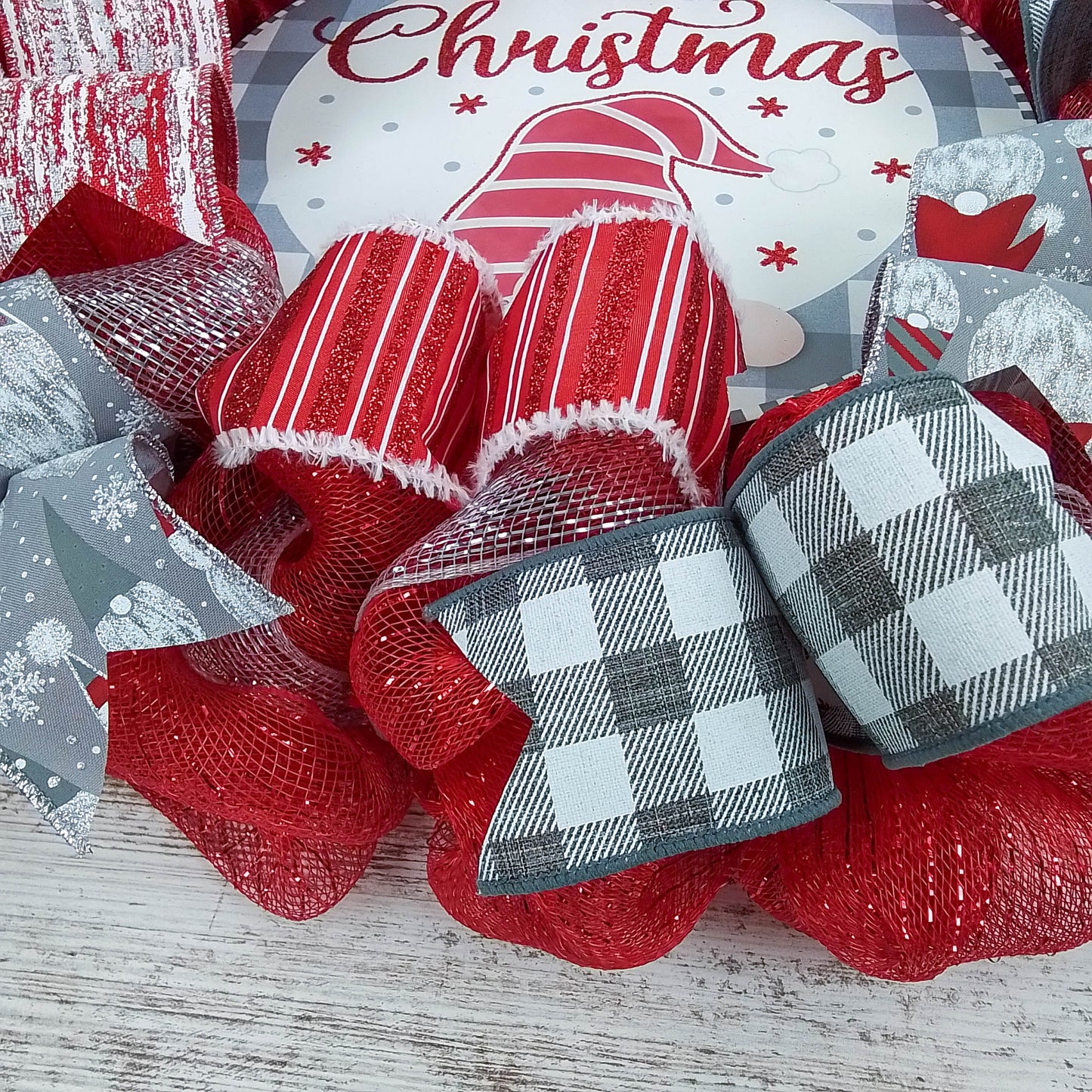 Grey Gnome Christmas Buffalo Plaid Check Wreath - Holiday Wreath Front Door Decor - White Red