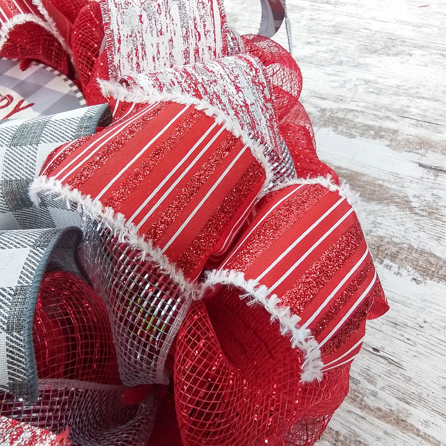 Grey Gnome Christmas Buffalo Plaid Check Wreath - Holiday Wreath Front Door Decor - White Red