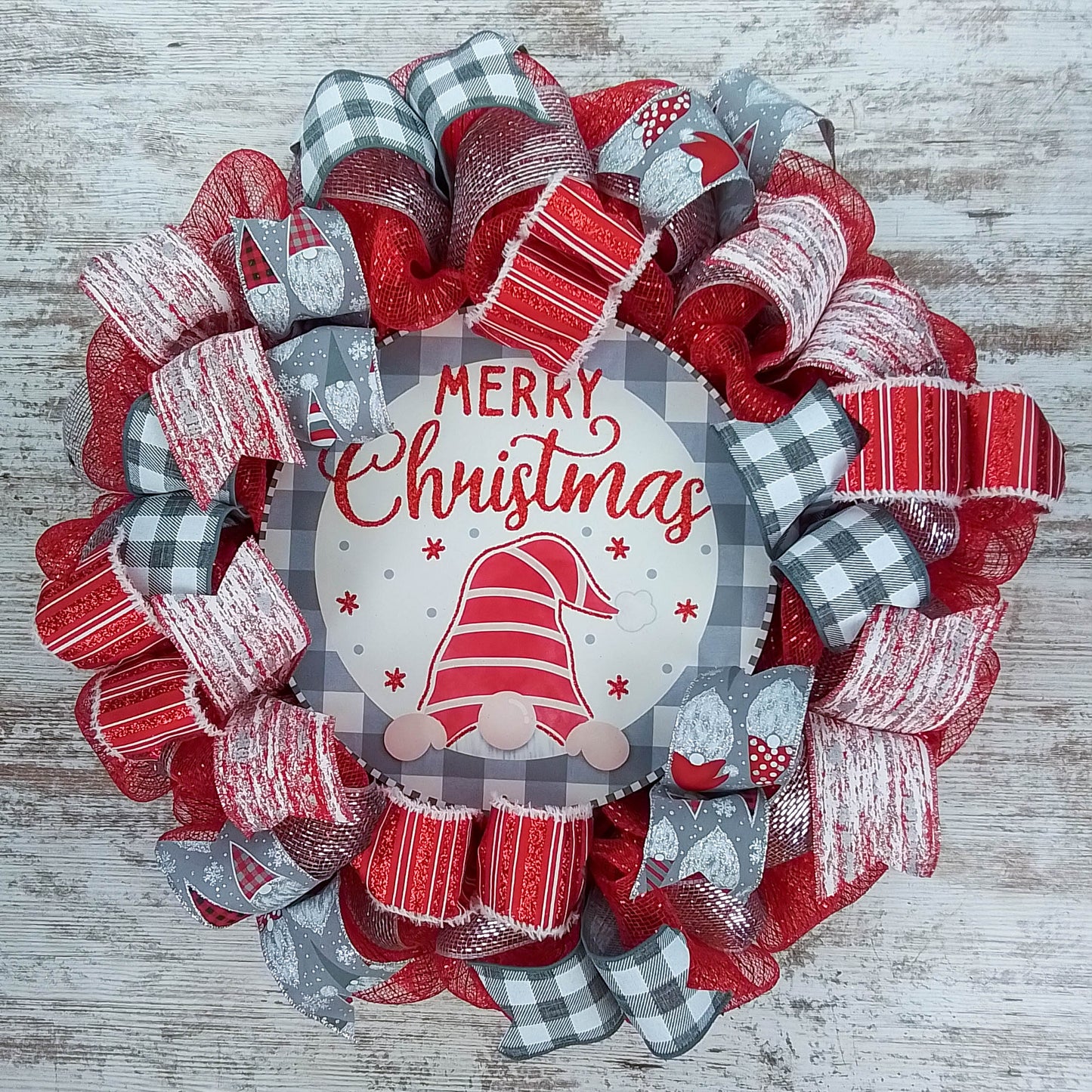 Grey Gnome Christmas Buffalo Plaid Check Wreath - Holiday Wreath Front Door Decor - White Red