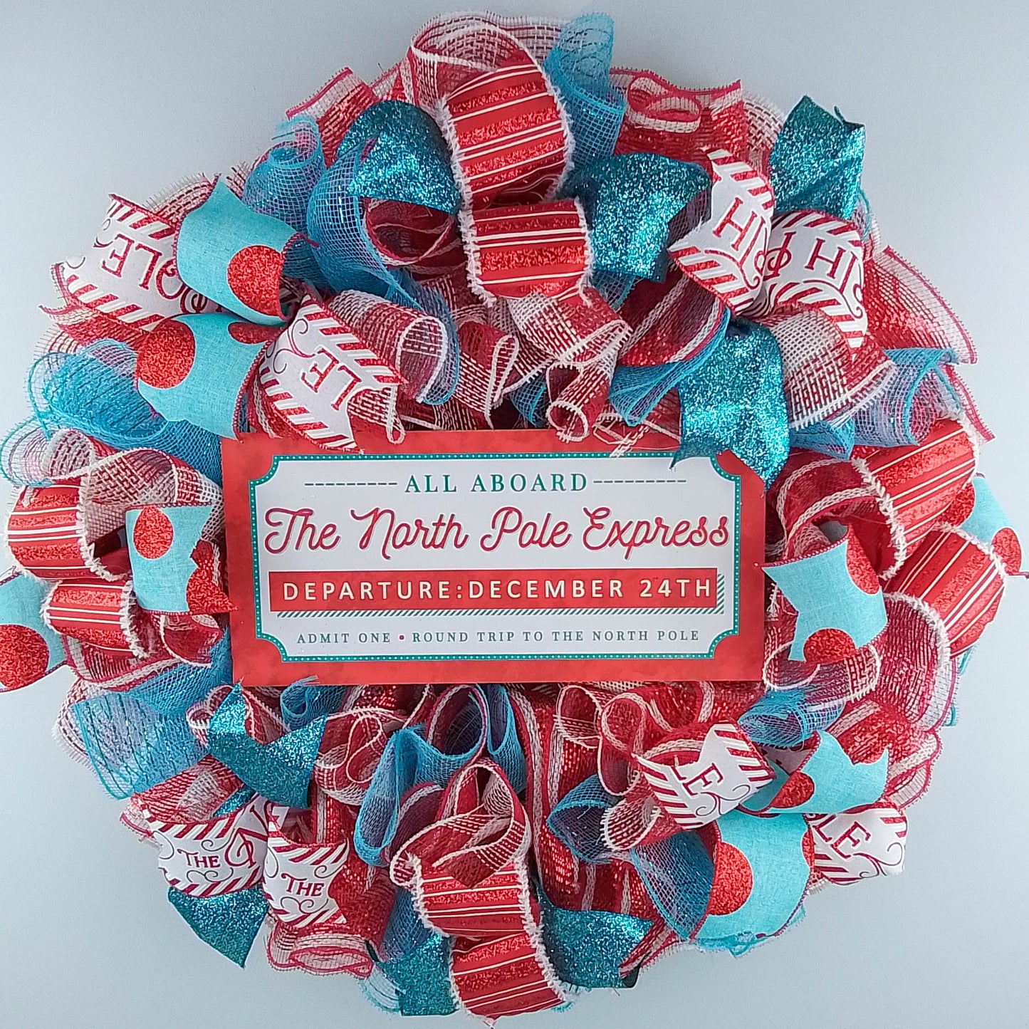 North Pole Wreaths - Santa Claus Wreath Ideas - Express Train Christmas Mesh Outdoor Front Door Decor - White Red Turquoise