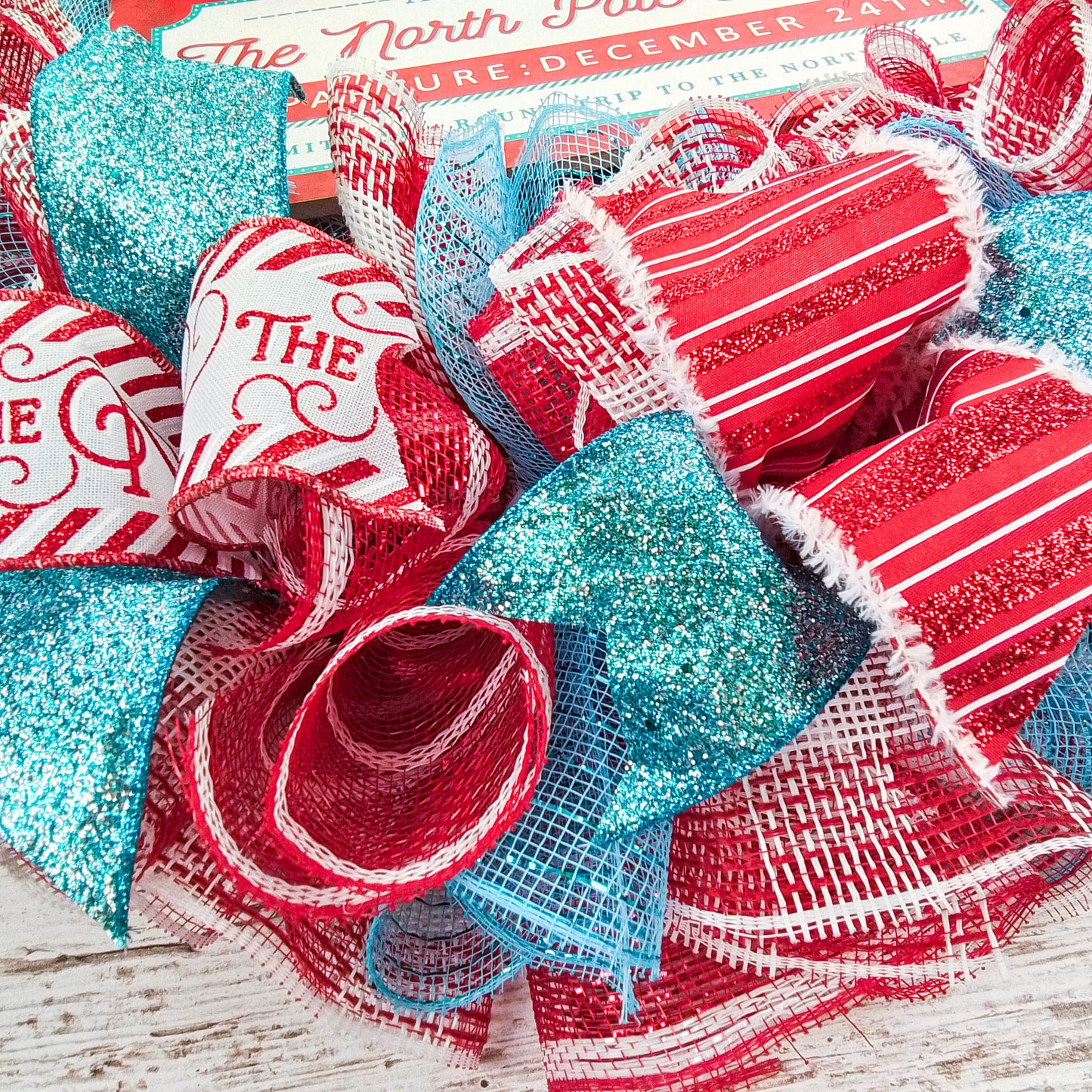 North Pole Wreaths - Santa Claus Wreath Ideas - Express Train Christmas Mesh Outdoor Front Door Decor - White Red Turquoise
