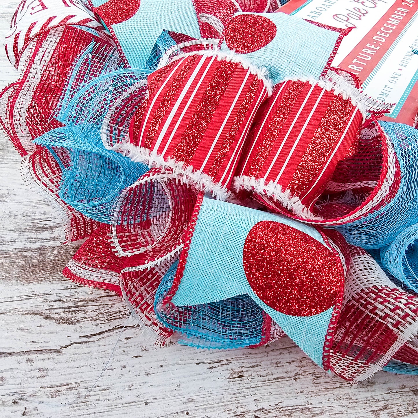 North Pole Wreaths - Santa Claus Wreath Ideas - Express Train Christmas Mesh Outdoor Front Door Decor - White Red Turquoise