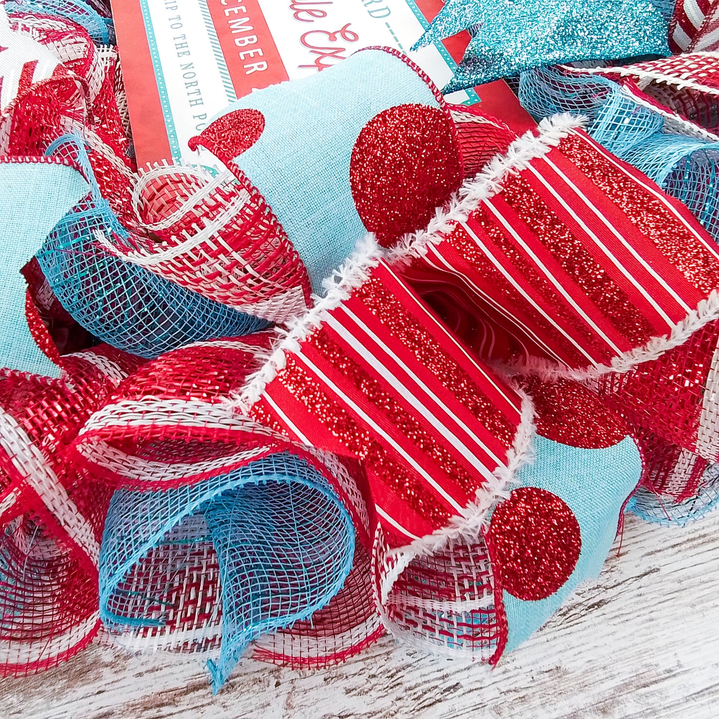 North Pole Wreaths - Santa Claus Wreath Ideas - Express Train Christmas Mesh Outdoor Front Door Decor - White Red Turquoise
