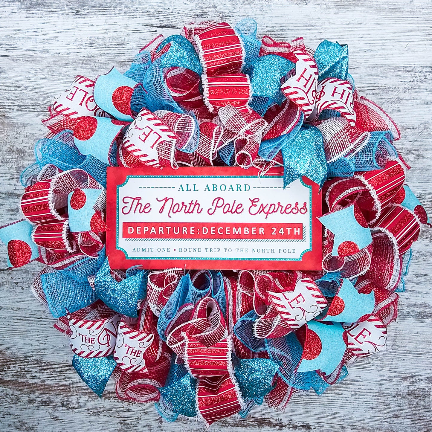 North Pole Wreaths - Santa Claus Wreath Ideas - Express Train Christmas Mesh Outdoor Front Door Decor - White Red Turquoise