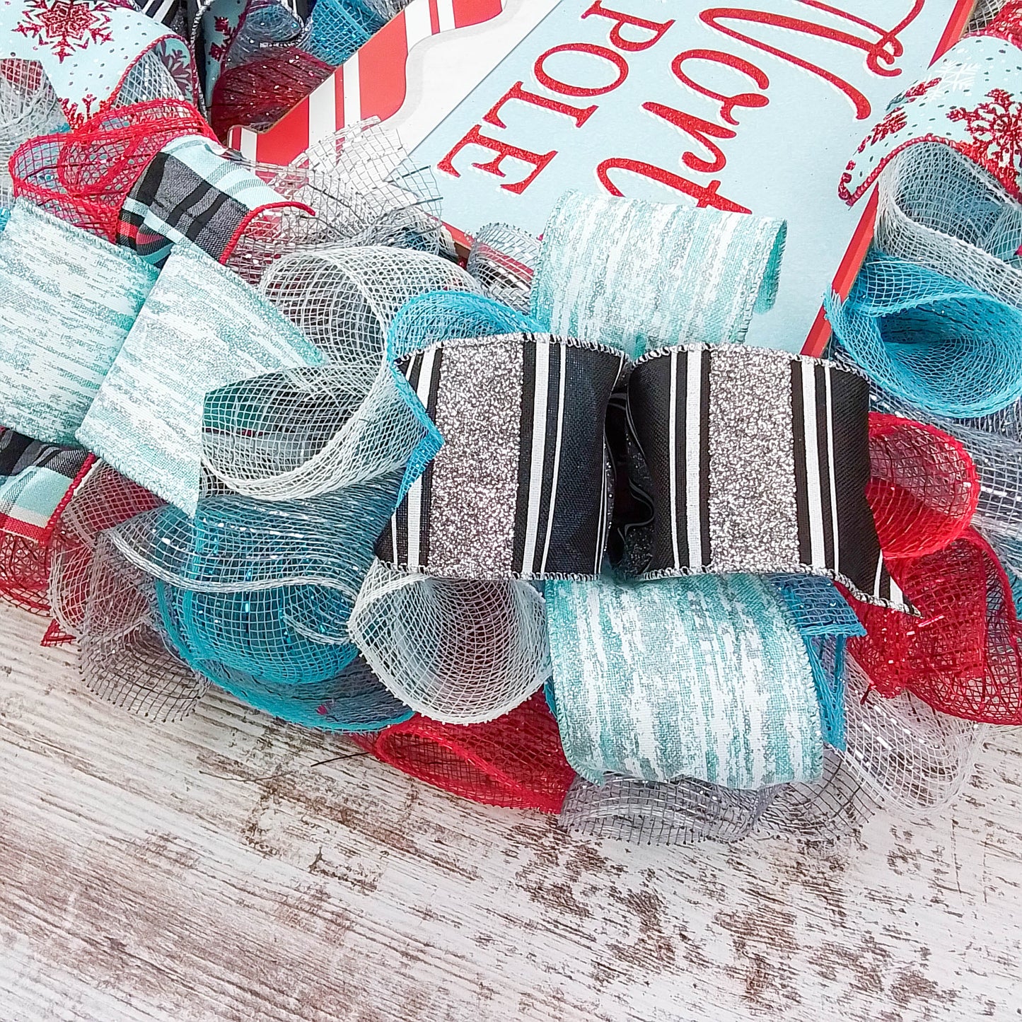 Santa Claus North Pole Wreaths - Non Traditional Wreath Ideas - Christmas Mesh Outdoor Front Door Decor - White Red Turquoise Black Silver Xmas