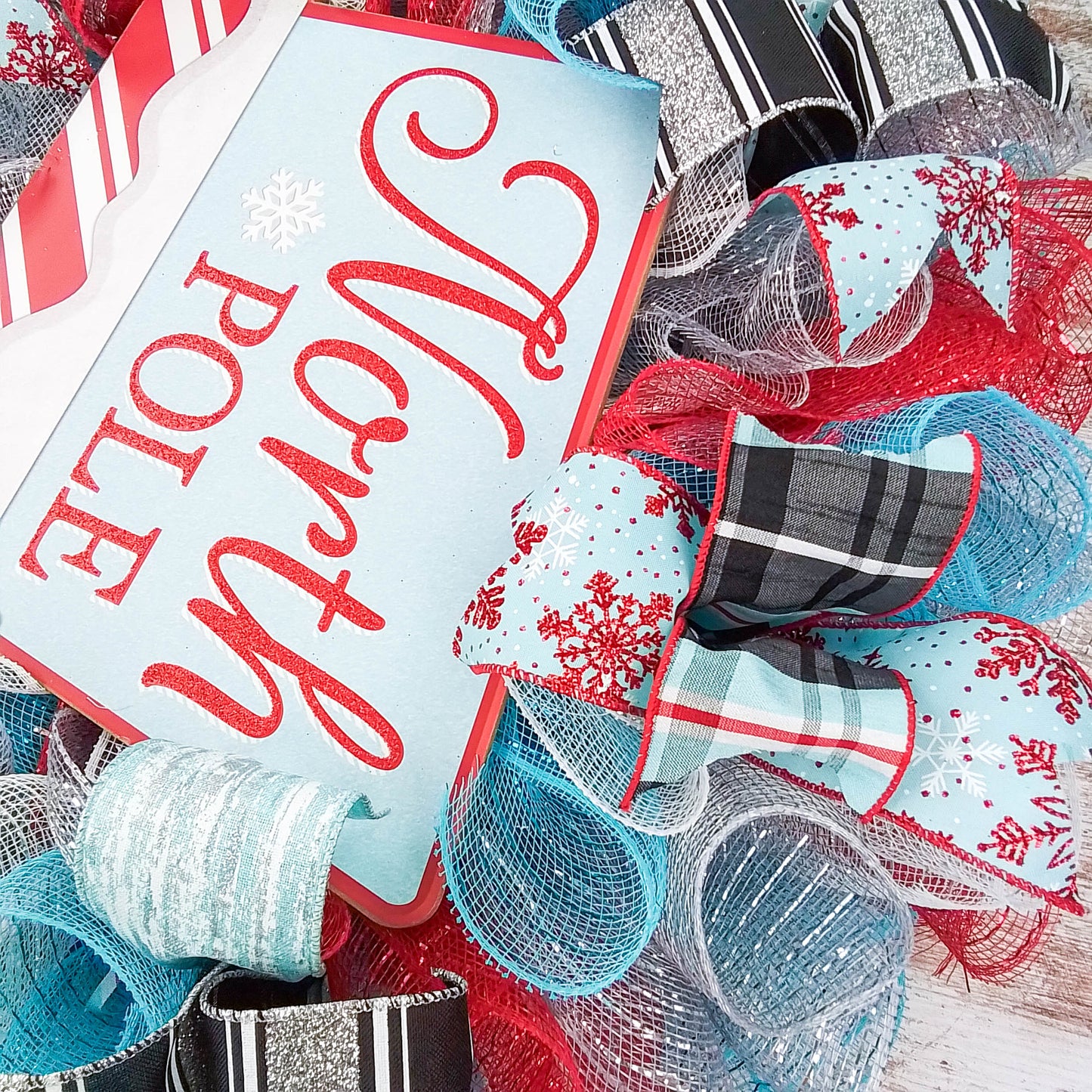 Santa Claus North Pole Wreaths - Non Traditional Wreath Ideas - Christmas Mesh Outdoor Front Door Decor - White Red Turquoise Black Silver Xmas