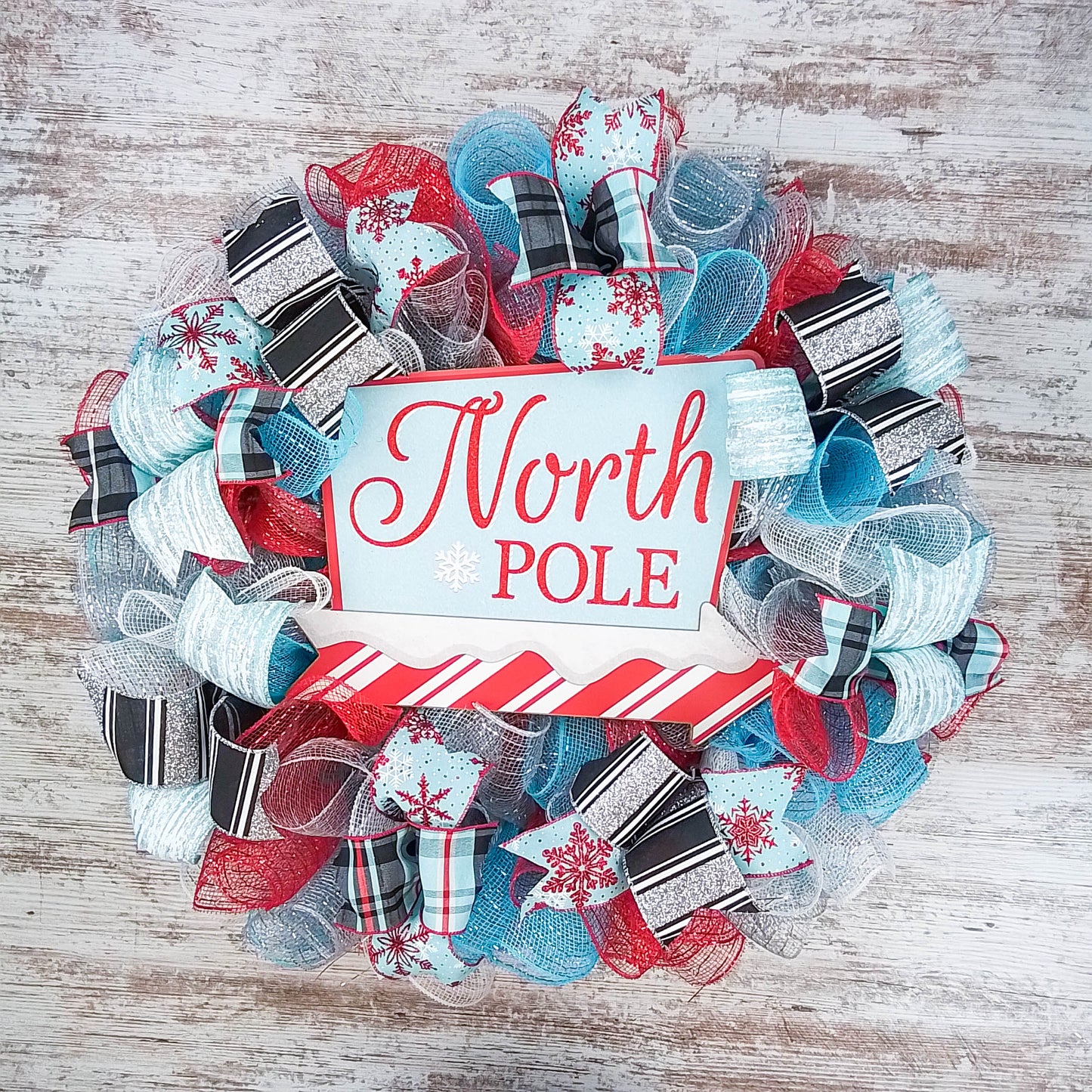 Santa Claus North Pole Wreaths - Non Traditional Wreath Ideas - Christmas Mesh Outdoor Front Door Decor - White Red Turquoise Black Silver Xmas