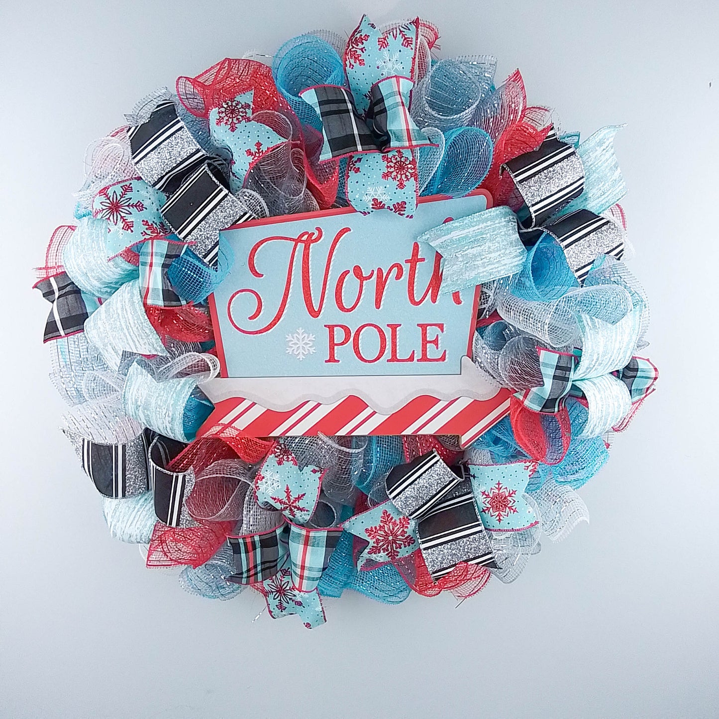 Santa Claus North Pole Wreaths - Non Traditional Wreath Ideas - Christmas Mesh Outdoor Front Door Decor - White Red Turquoise Black Silver Xmas