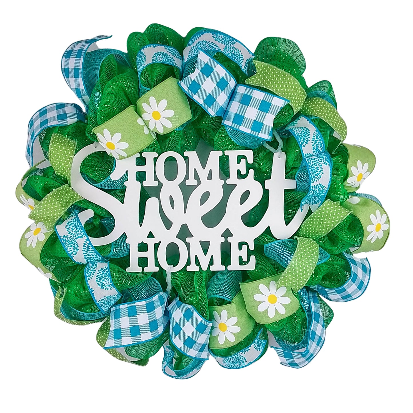 Home Sweet Home Everyday Deco Mesh Door Wreath - Lime Green White Turquoise